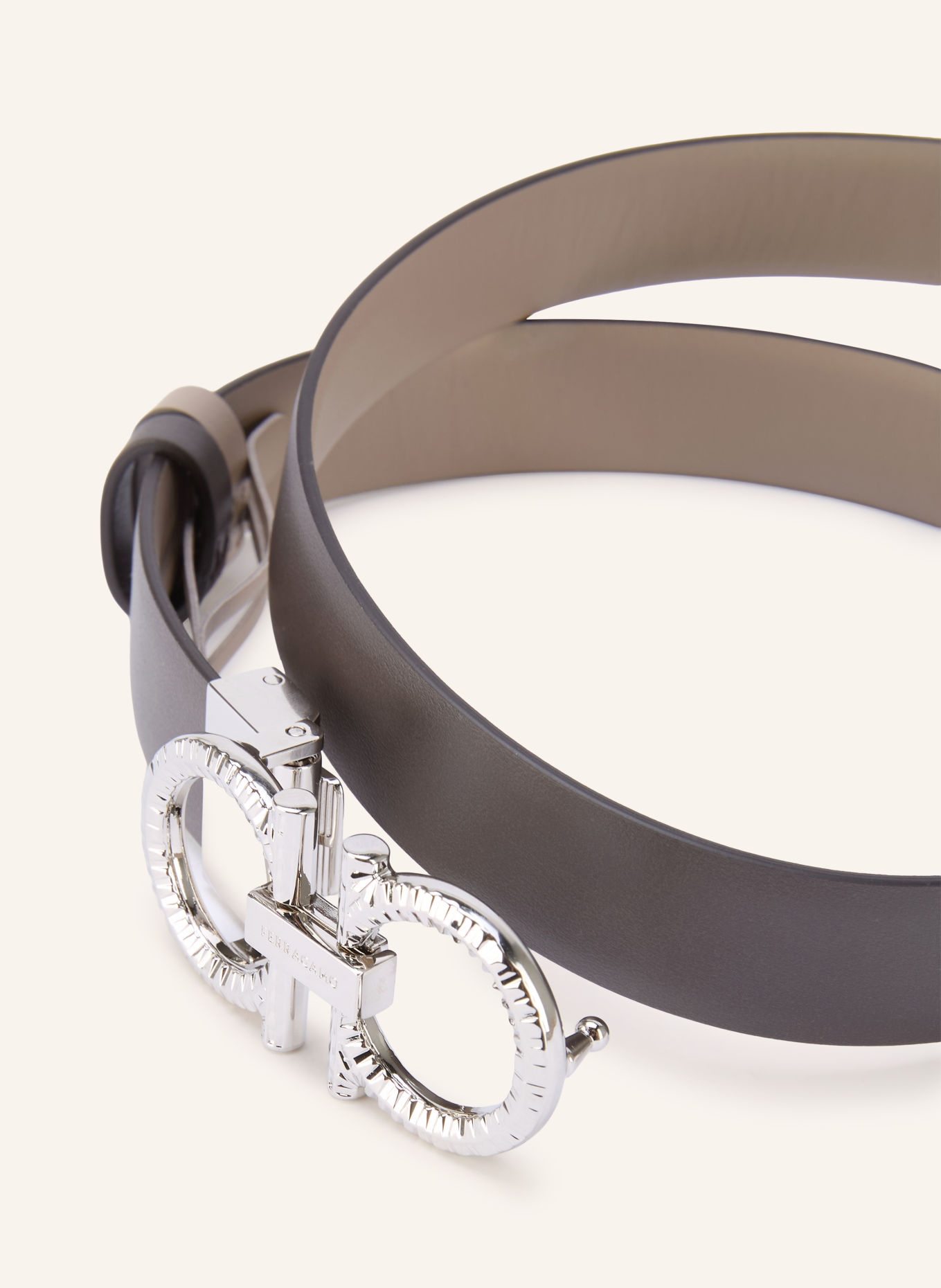 FERRAGAMO Leren riem NEW GANCINI BRIGHT, omkeerbaar: TAUPE / ZILVER / MARRON FONCÉ