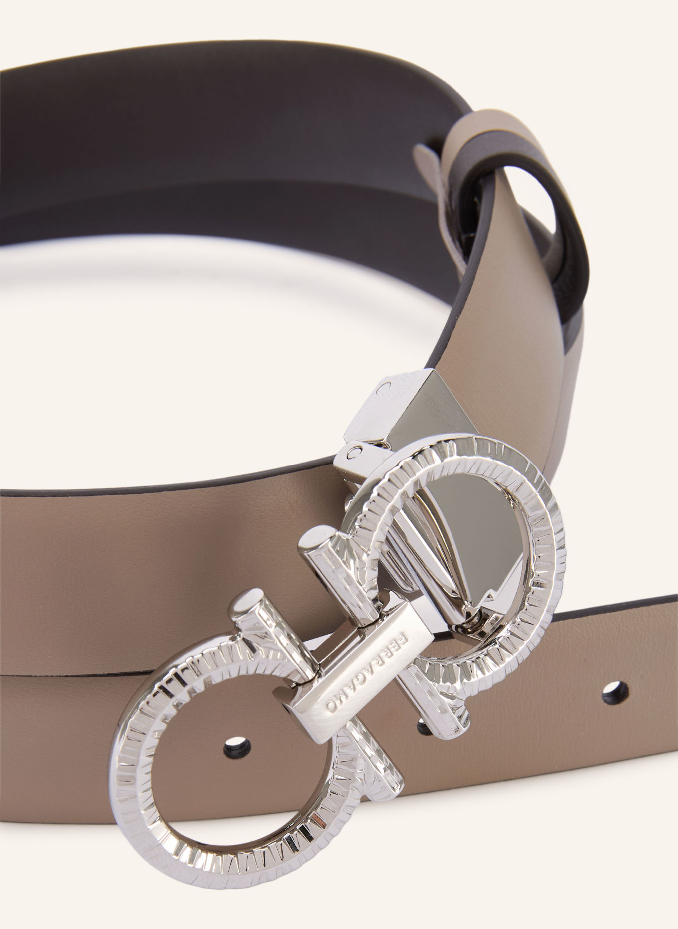 FERRAGAMO Leren riem NEW GANCINI BRIGHT, omkeerbaar: TAUPE / ZILVER / MARRON FONCÉ