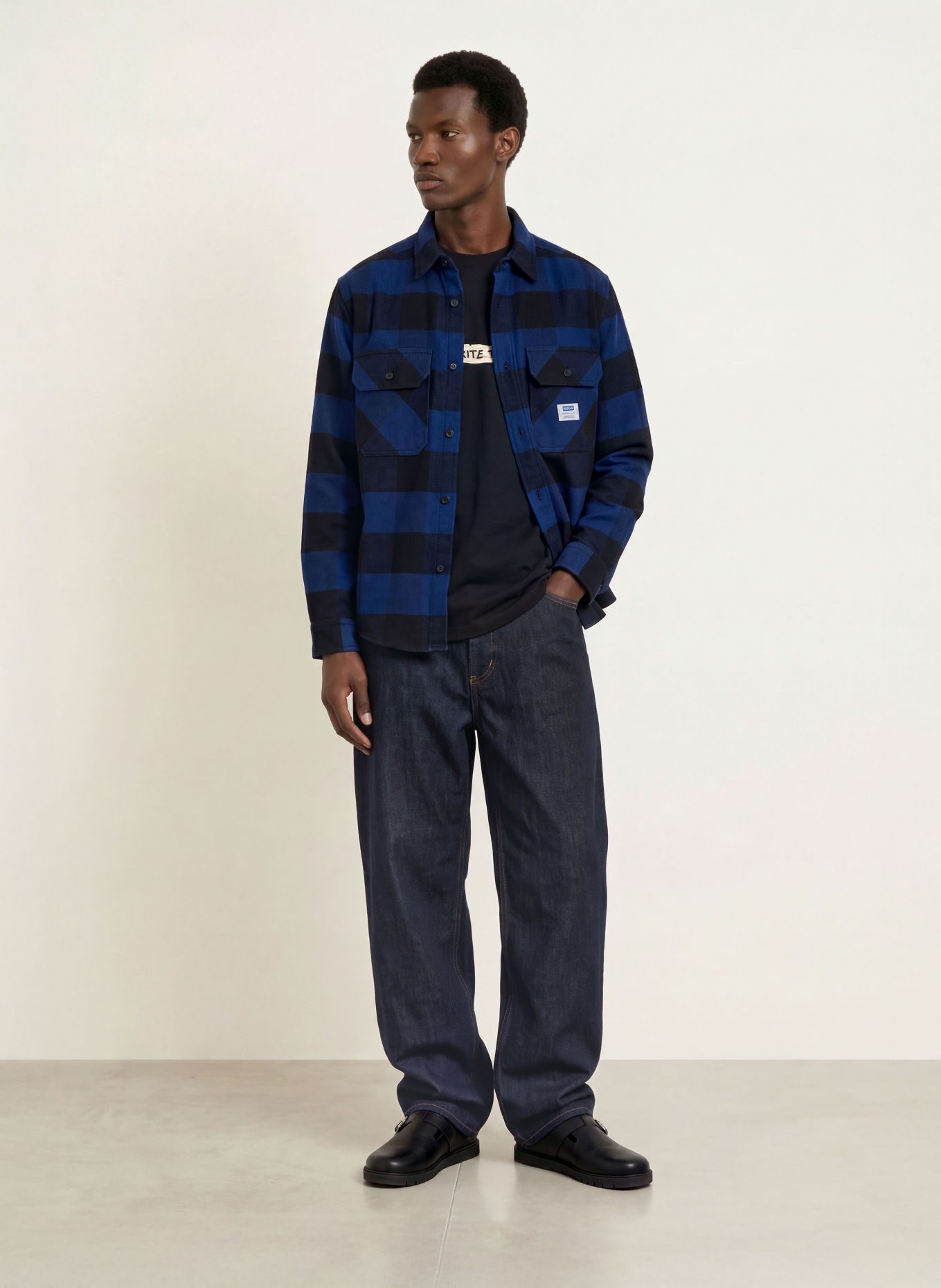 HUGO Flanellhemd EBOLT Oversized Fit: BLAU / SCHWARZ