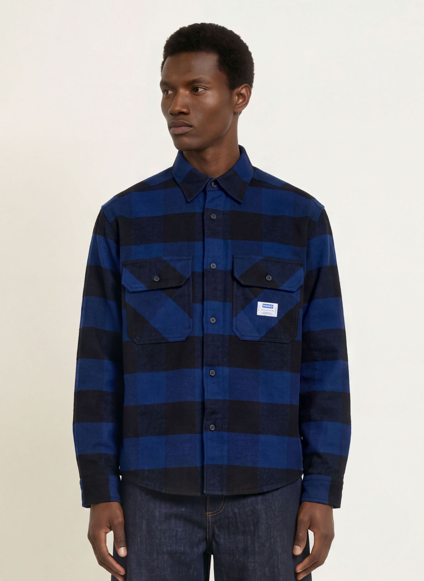 HUGO Flanellhemd EBOLT Oversized Fit: BLAU / SCHWARZ