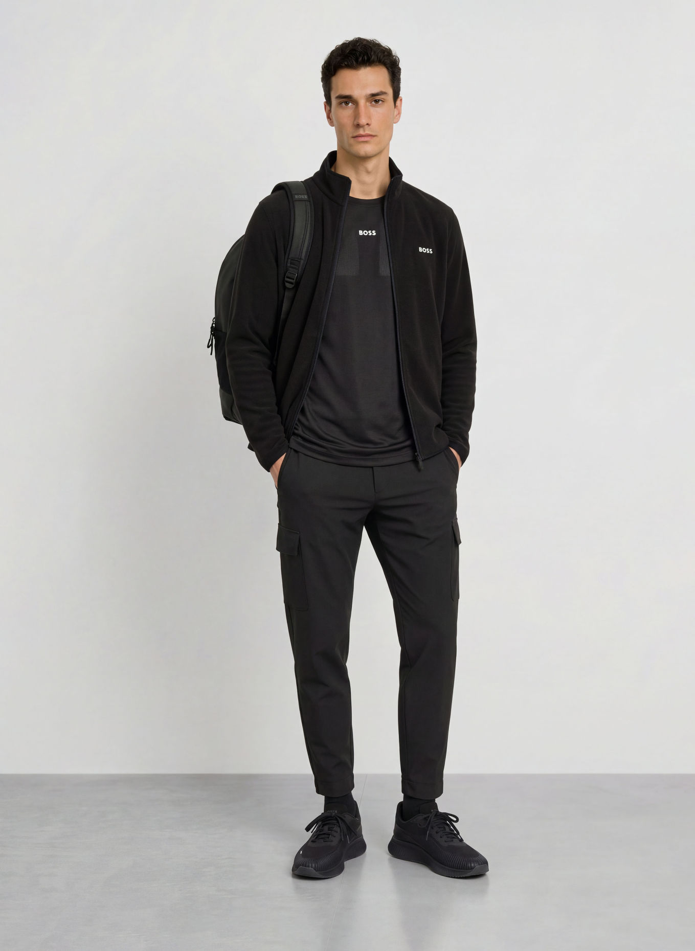 BOSS Fleecejas ACTIVE: ZWART