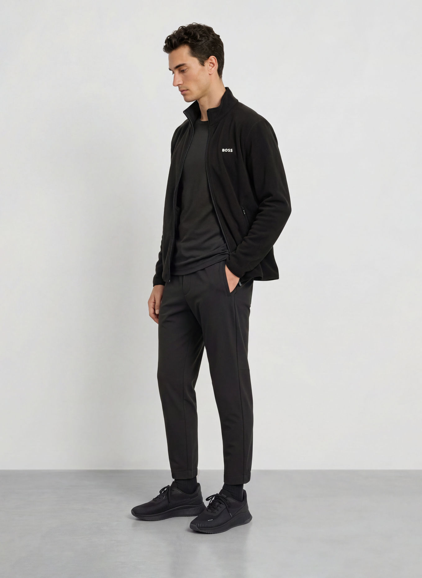 BOSS Fleecejas ACTIVE: ZWART