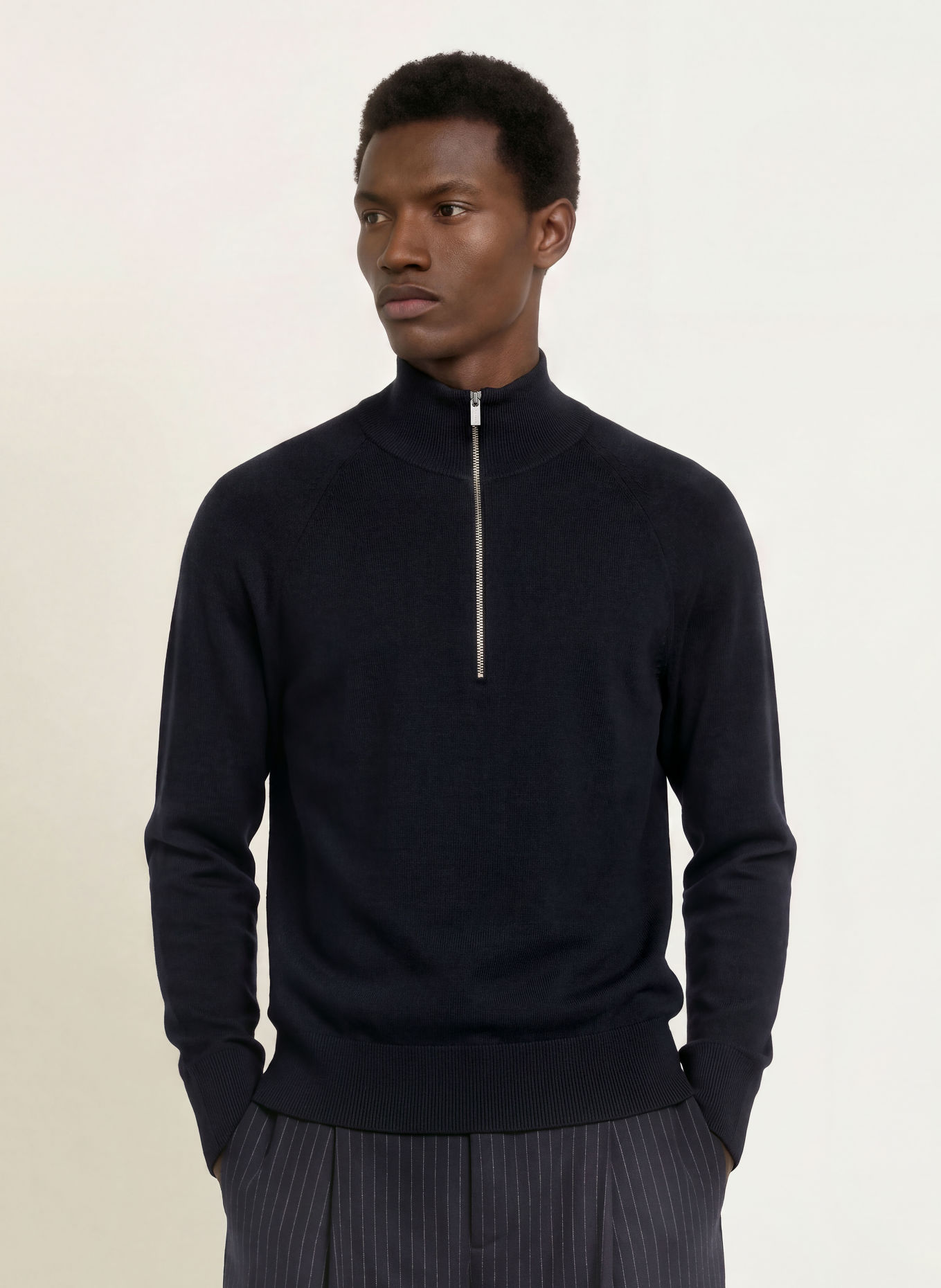 BARENA VENEZIA Pull col zippé MOLO BASILIO en laine mérinos: BLEU FONCÉ