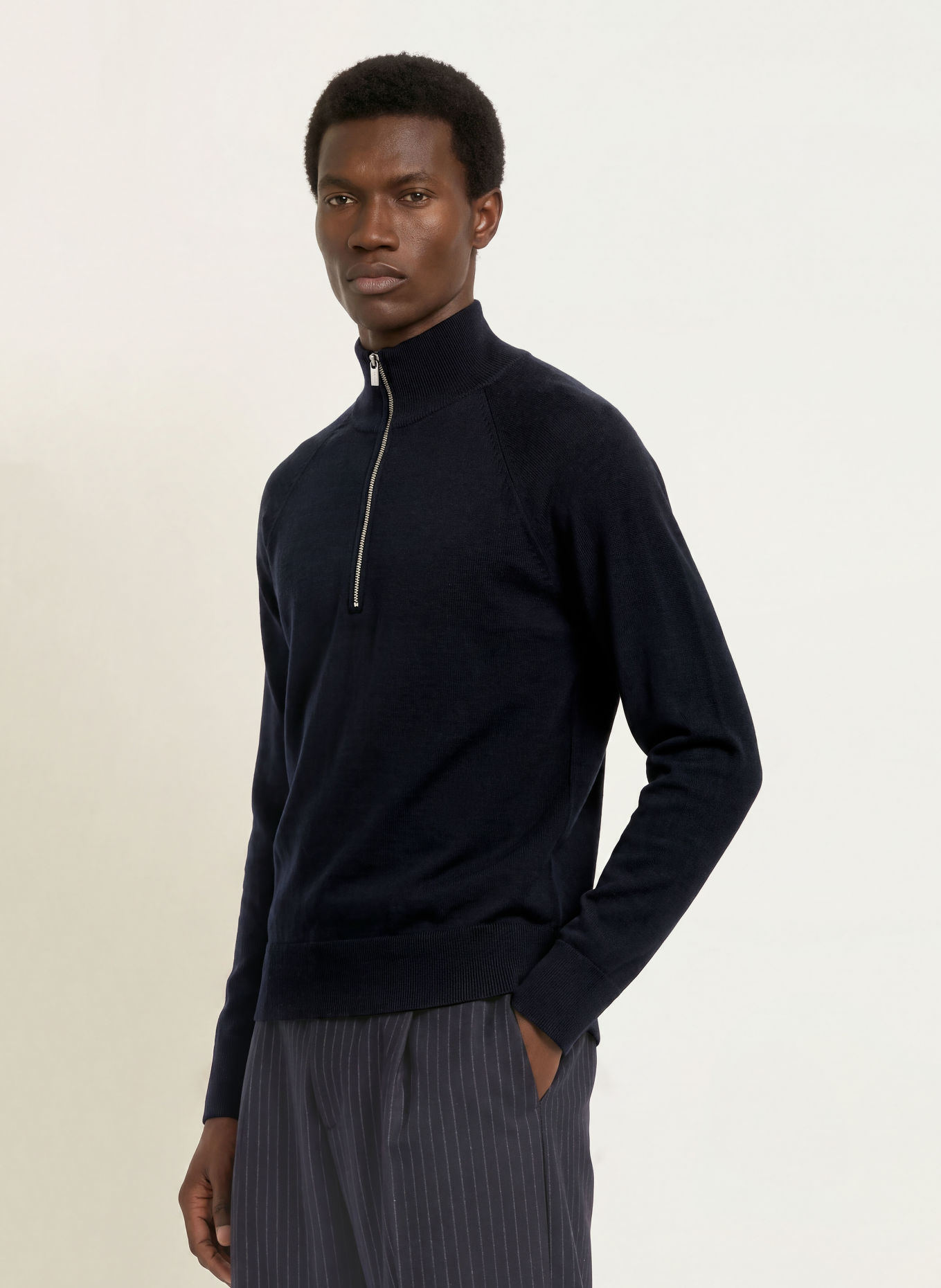 BARENA VENEZIA Pull col zippé MOLO BASILIO en laine mérinos: BLEU FONCÉ