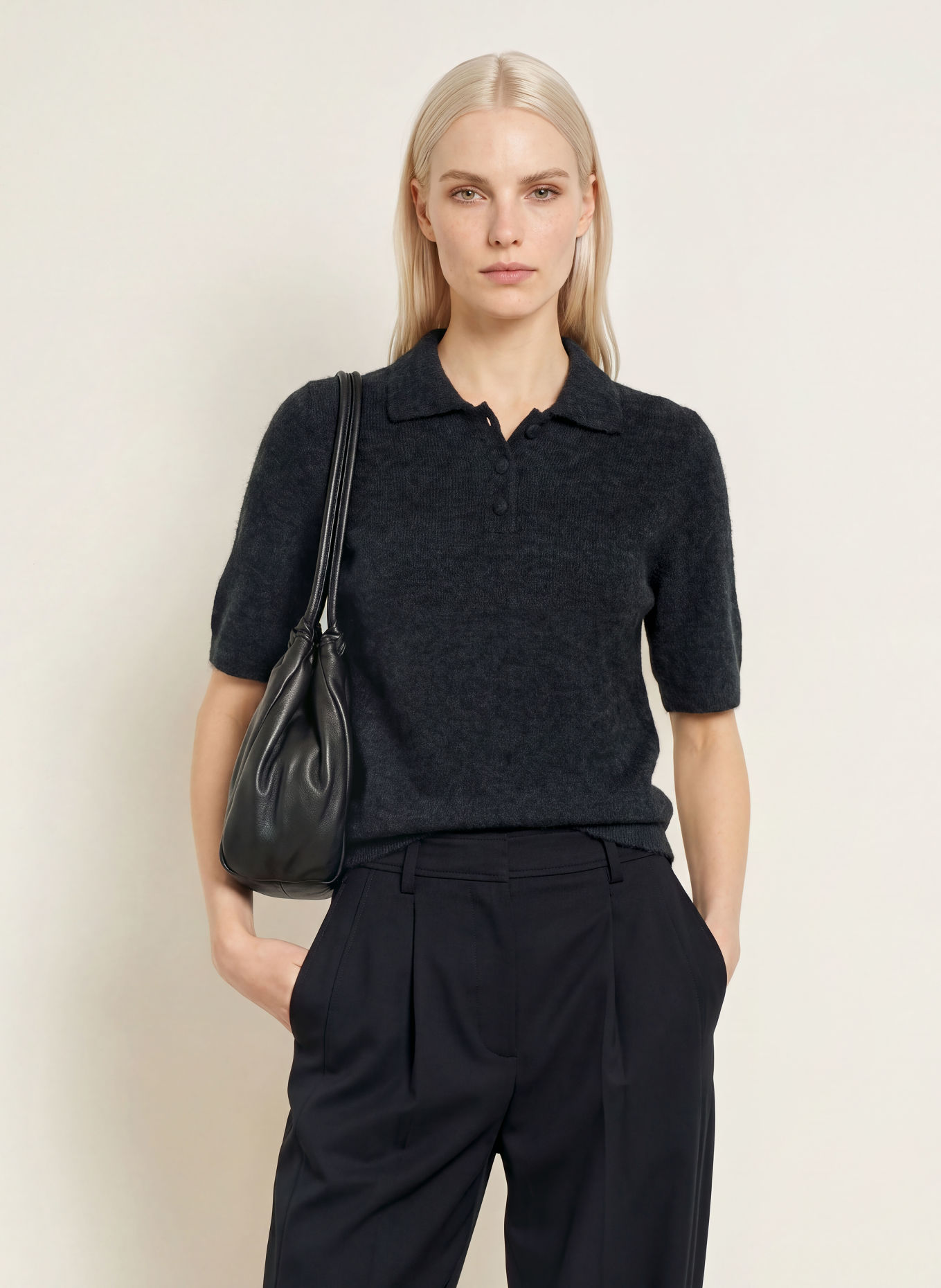 CINQUE Gebreid poloshirt CIALPACO met alpaca: DONKERGRIJS