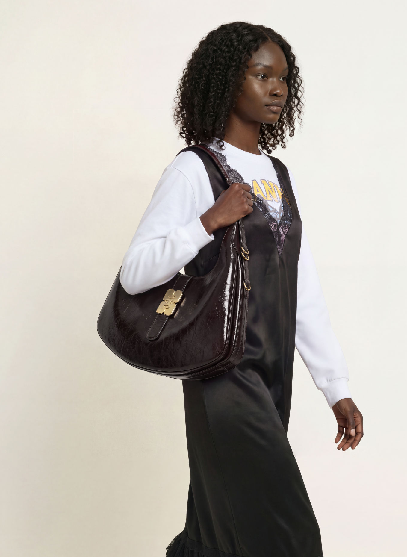 GANNI KAT LARGE Bucket bag with Pouch: DARK BROWN / GOLD