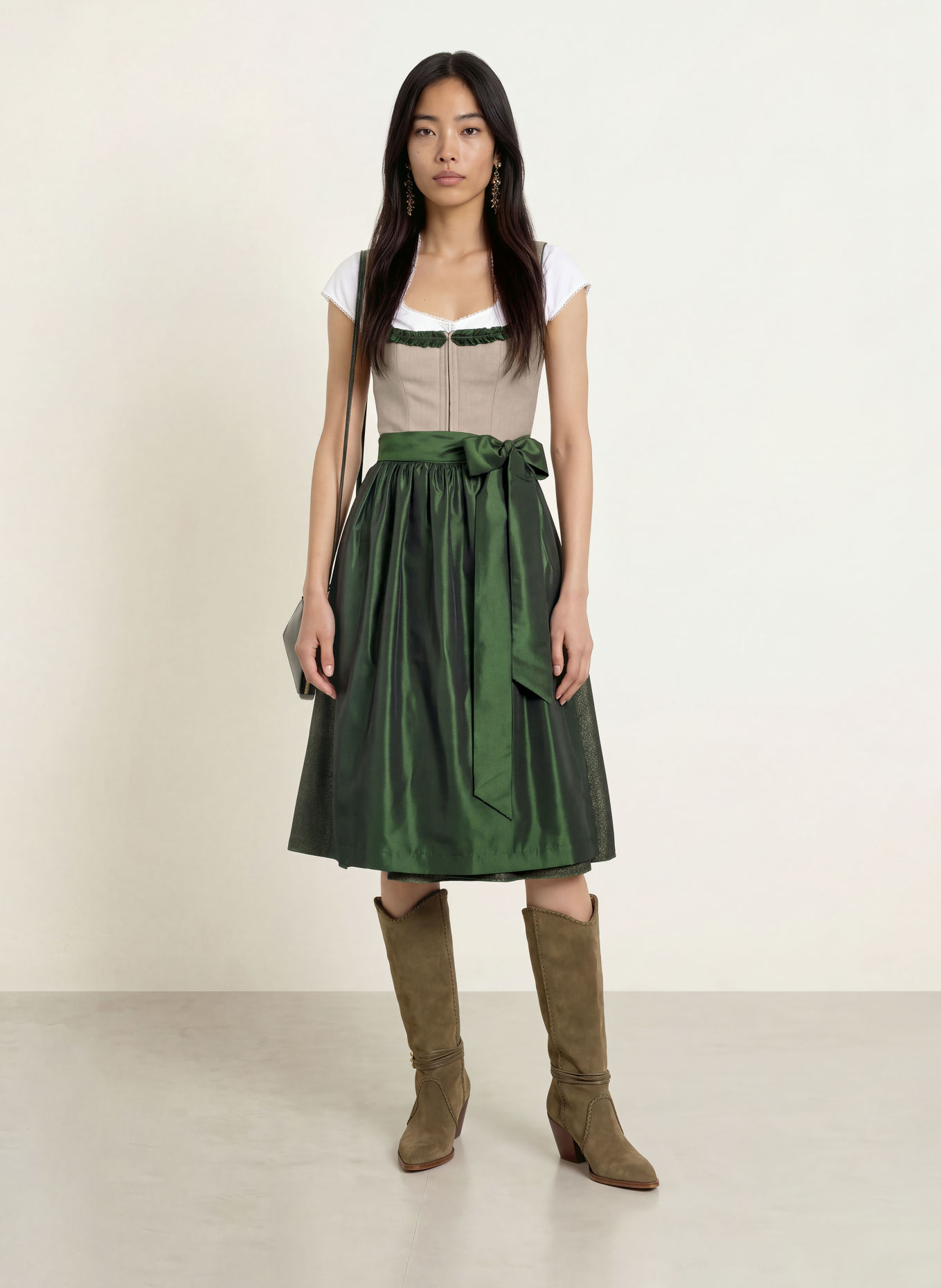 KINGA MATHE Dirndl AMADORA mit Leinen: BEIGE / DUNKELGRÜN