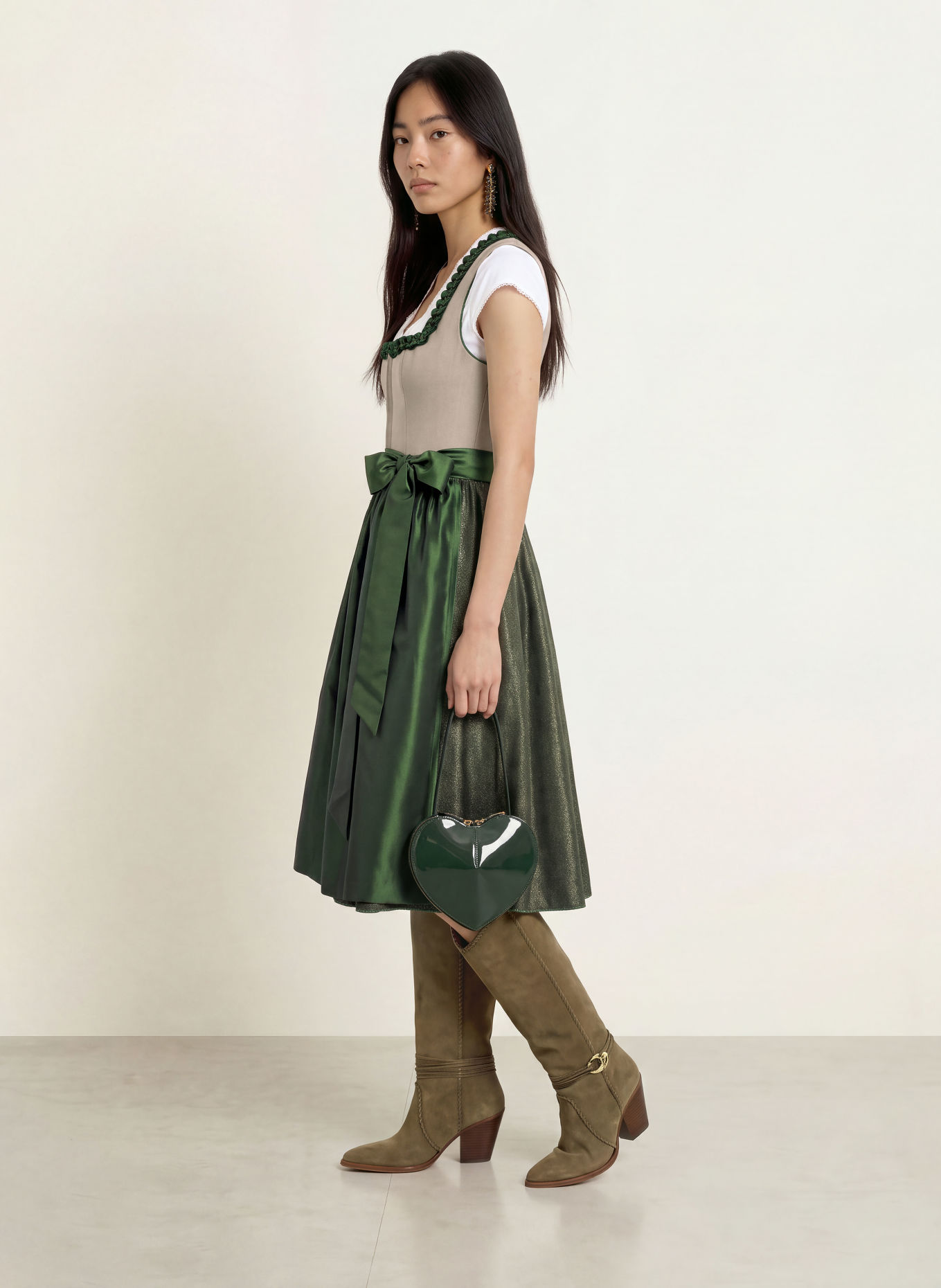 KINGA MATHE Dirndl AMADORA mit Leinen: BEIGE / DUNKELGRÜN