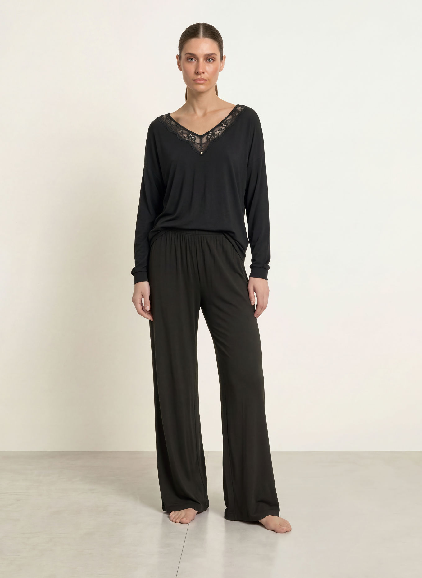 BOSS Pyjamashirt BLOSSOM met kant: ZWART