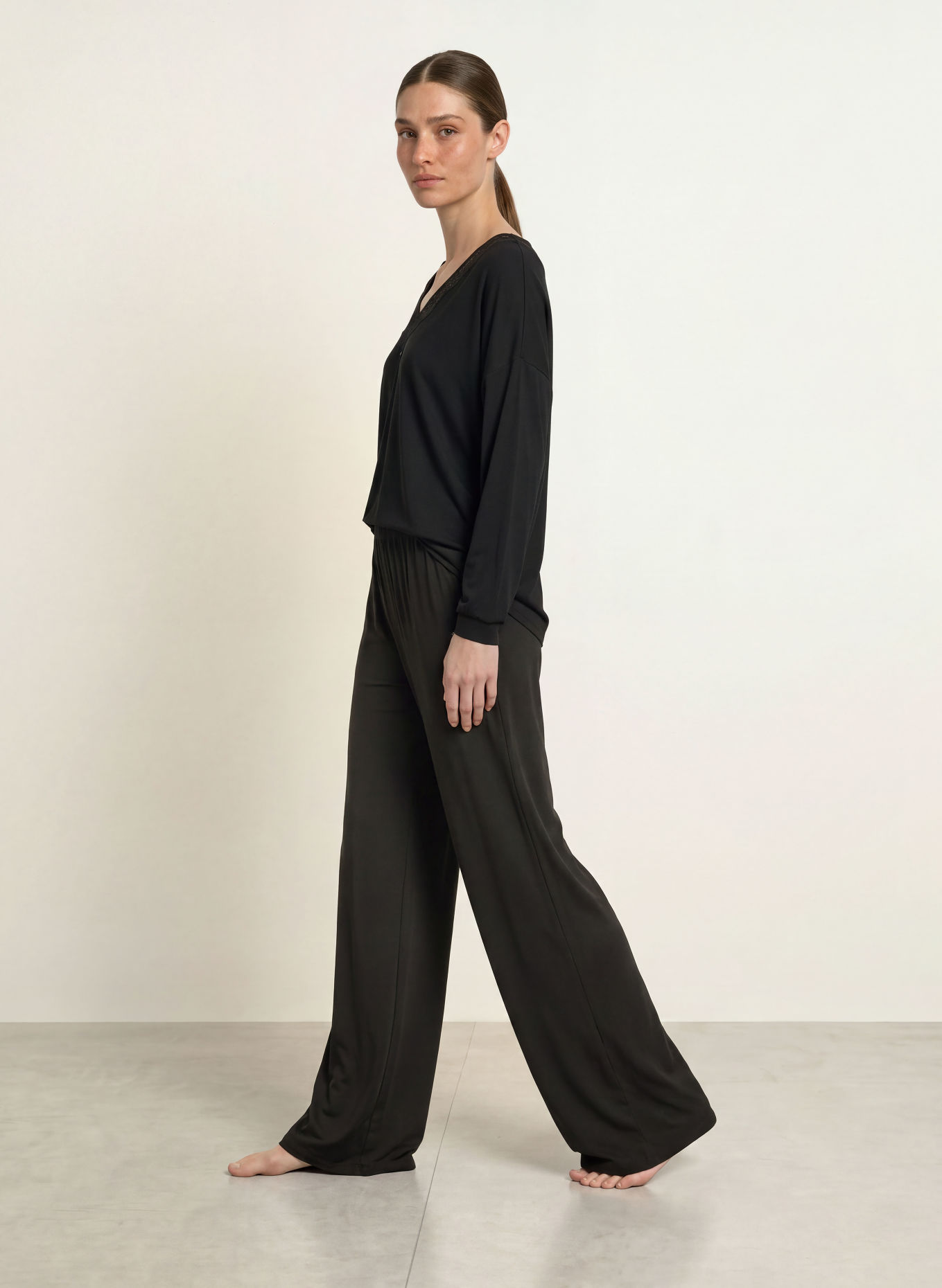 BOSS Pyjamashirt BLOSSOM met kant: ZWART