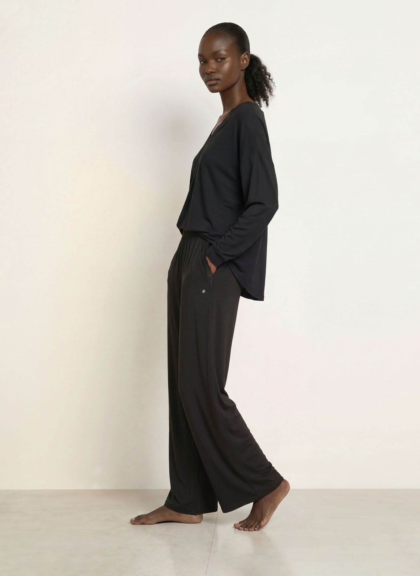 BOSS BLOSSOM Pajama Bottoms with Lace: BLACK