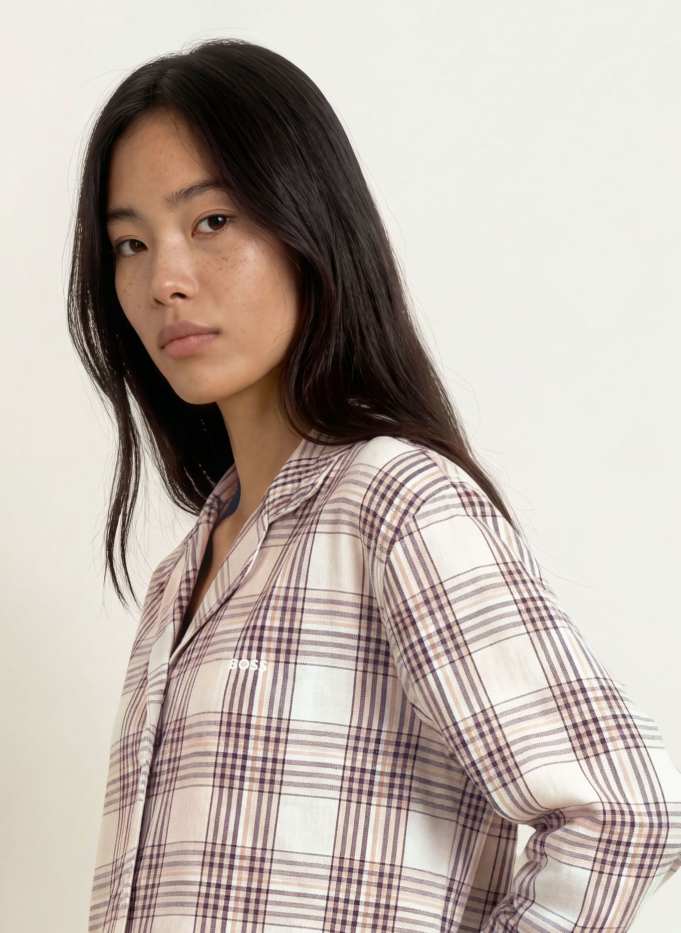 BOSS HOLIDAY flannel pajama shirt: CREAM / BEIGE / DARK GRAY