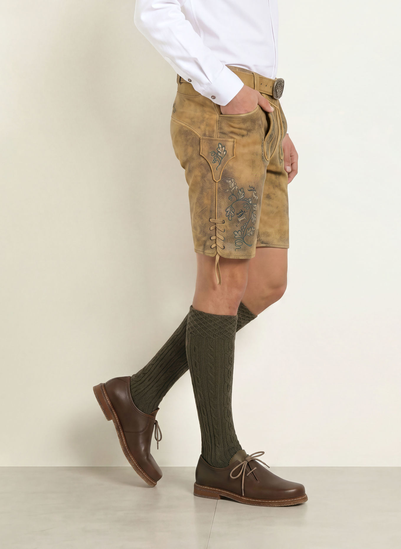 Spieth & Wensky Traditionele lederhose FRIDOLFING: CAMEL / TAUPE / DONKERGROEN