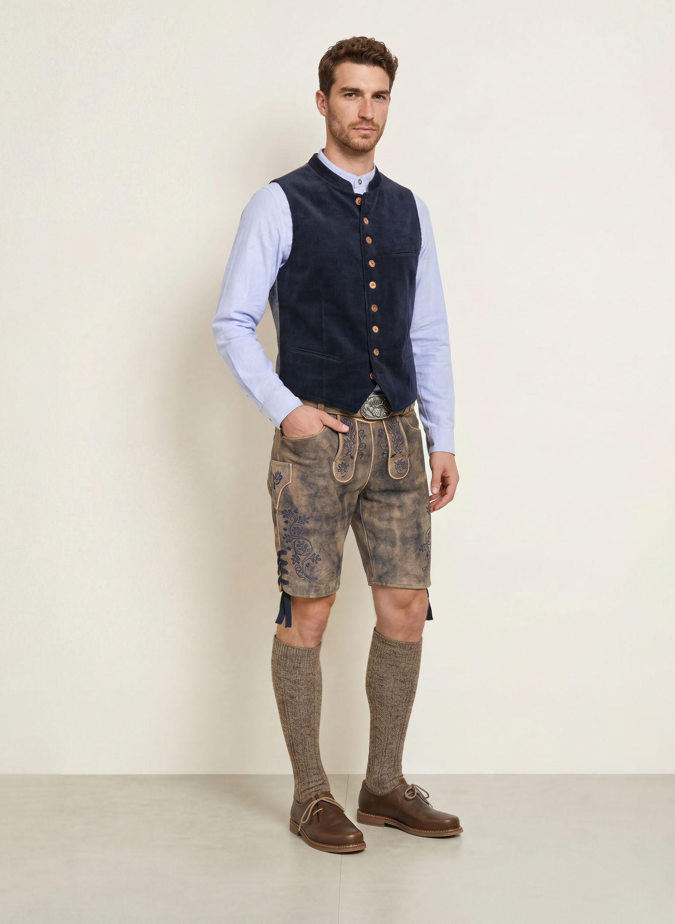 Spieth & Wensky Traditionele lederhose KANDERSTEG: TAUPE / BEIGE / DONKERBLAUW