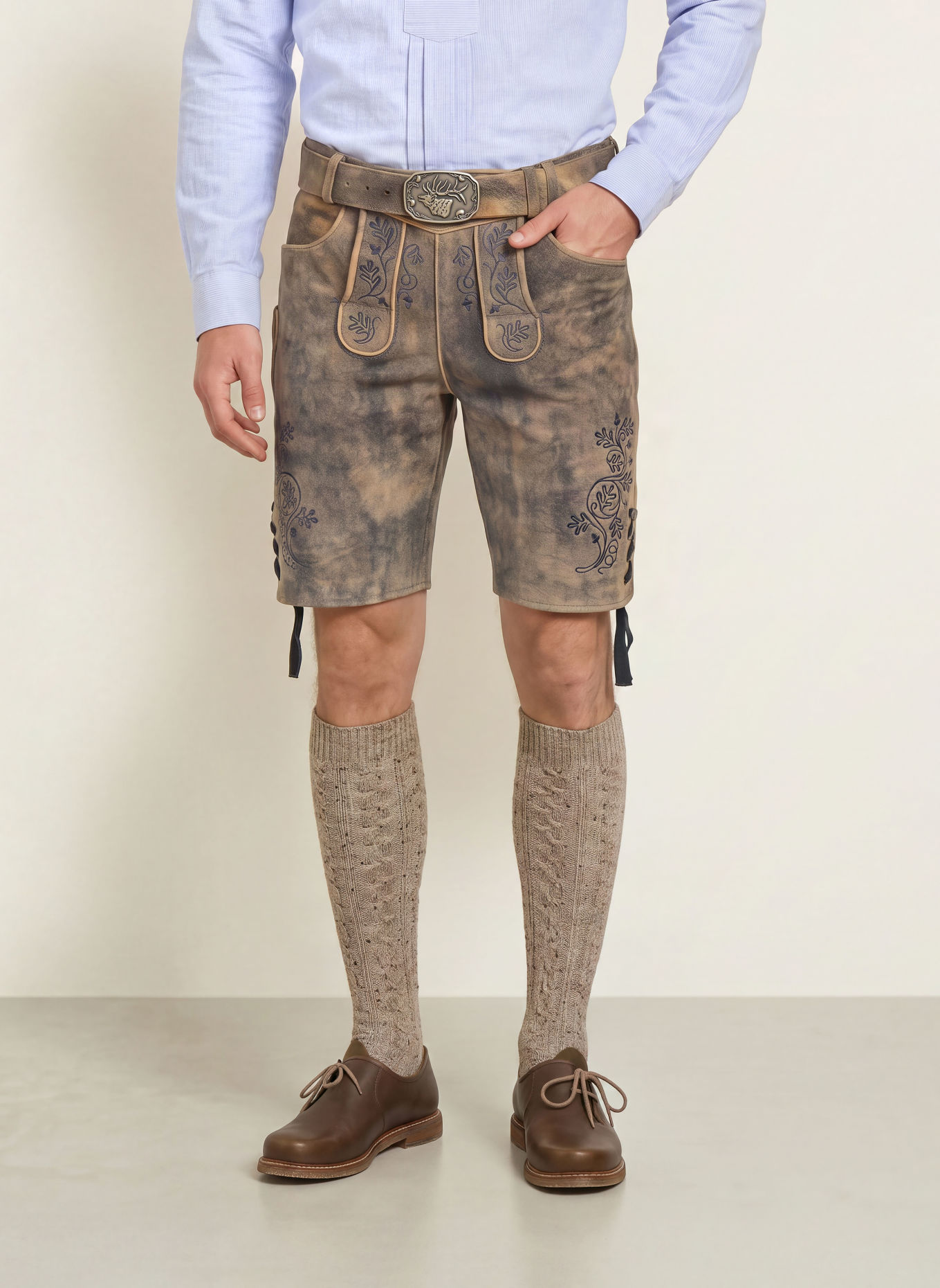 Spieth & Wensky Traditionele lederhose KANDERSTEG: TAUPE / BEIGE / DONKERBLAUW