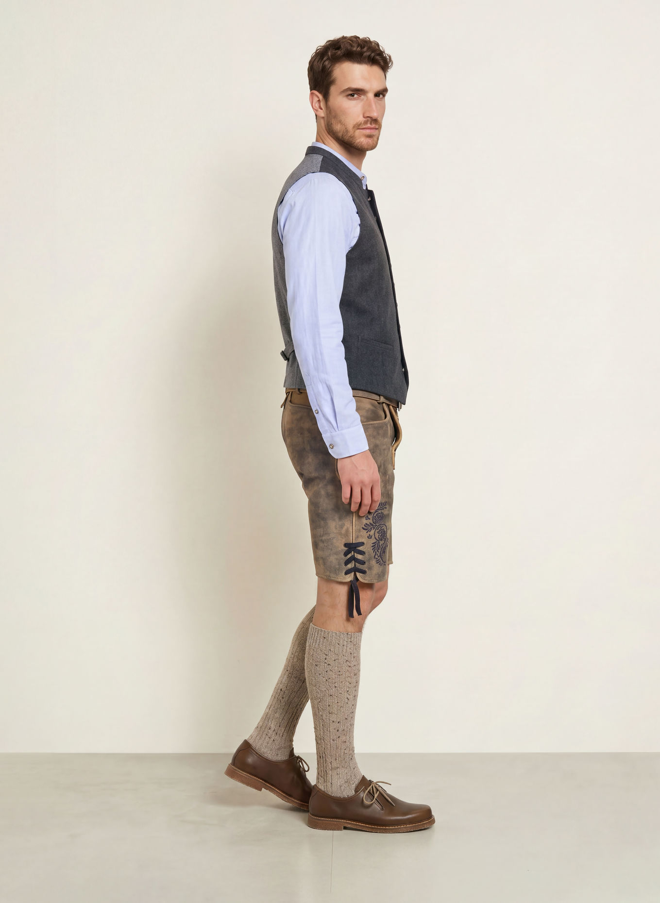 Spieth & Wensky Traditionele lederhose KANDERSTEG: TAUPE / BEIGE / DONKERBLAUW