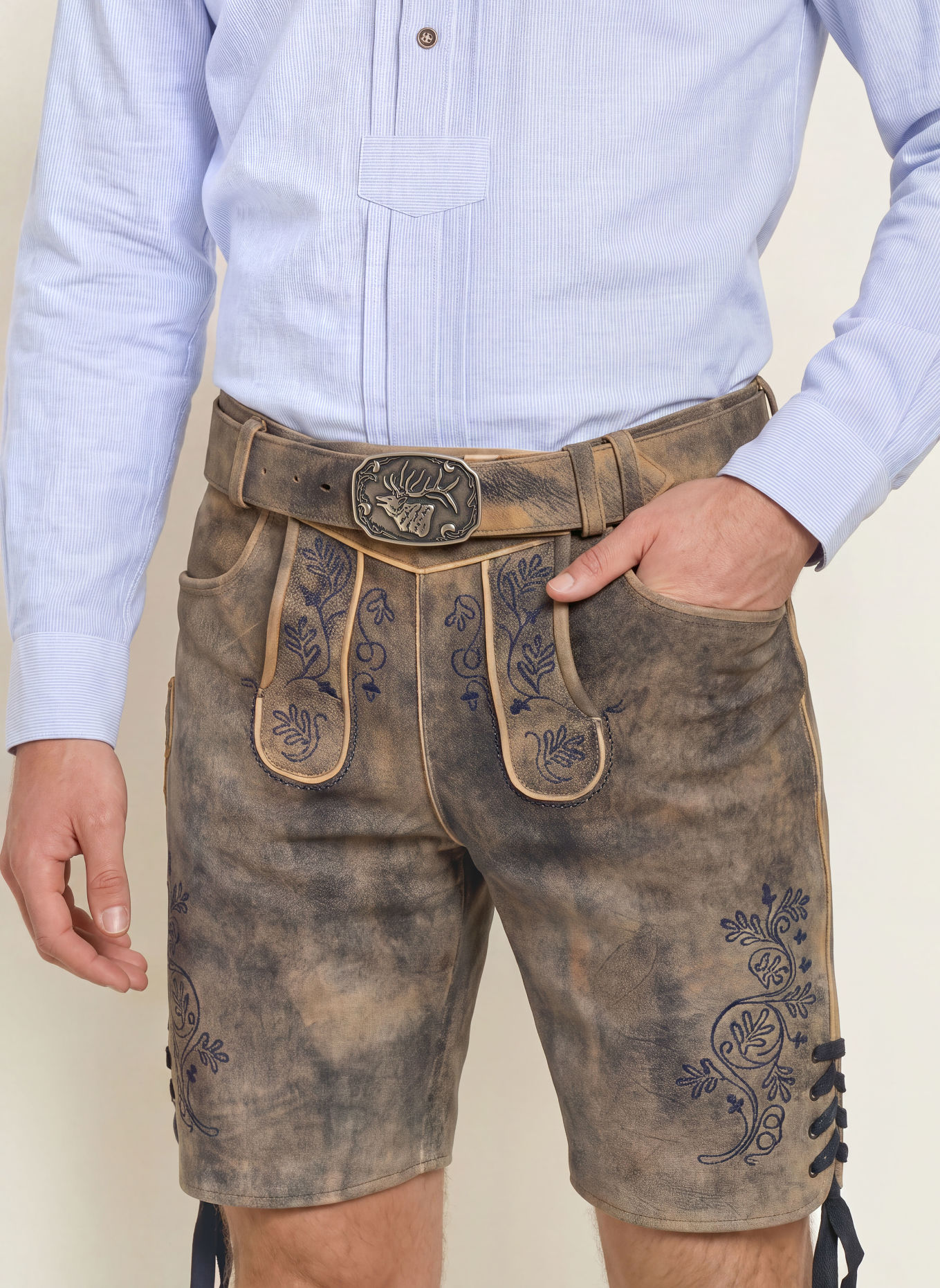 Spieth & Wensky Traditionele lederhose KANDERSTEG: TAUPE / BEIGE / DONKERBLAUW