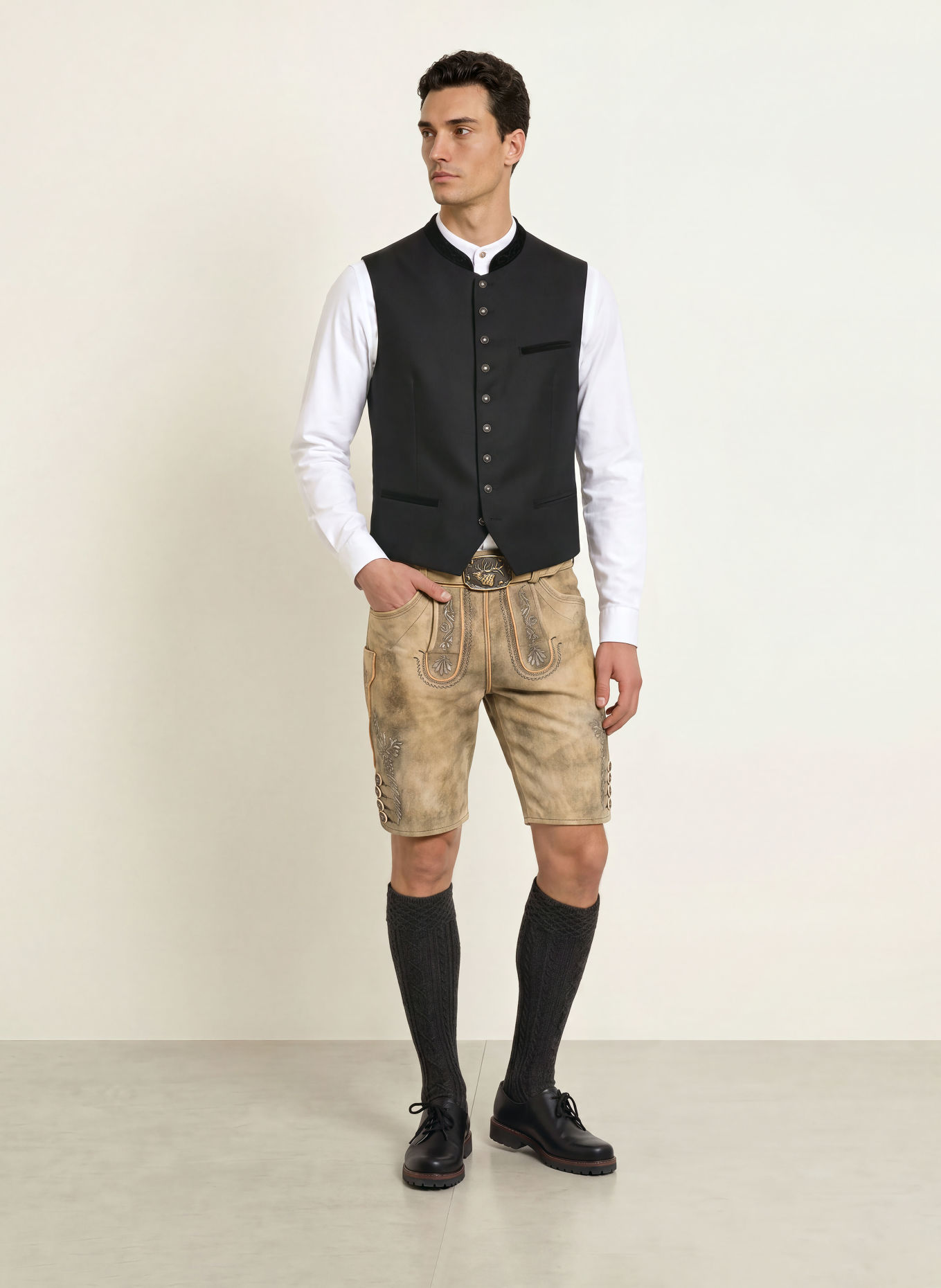 Spieth & Wensky Trachten-Lederhose ERNSTBRUNN: BEIGE / DUNKELGRAU / SCHWARZ