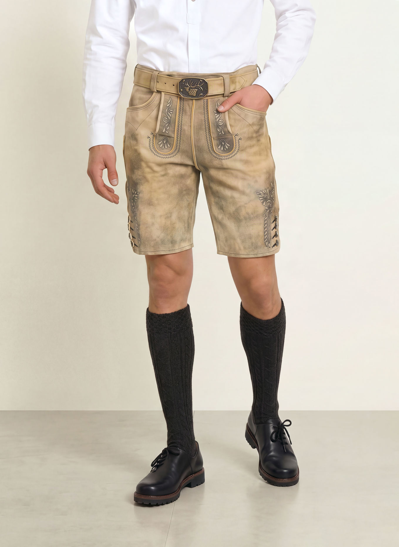Spieth & Wensky Trachten-Lederhose ERNSTBRUNN: BEIGE / DUNKELGRAU / SCHWARZ