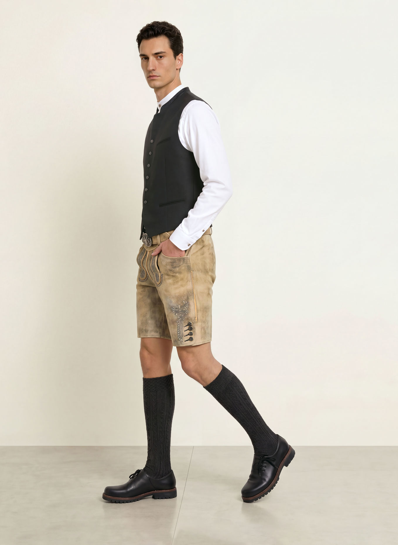 Spieth & Wensky Trachten-Lederhose ERNSTBRUNN: BEIGE / DUNKELGRAU / SCHWARZ