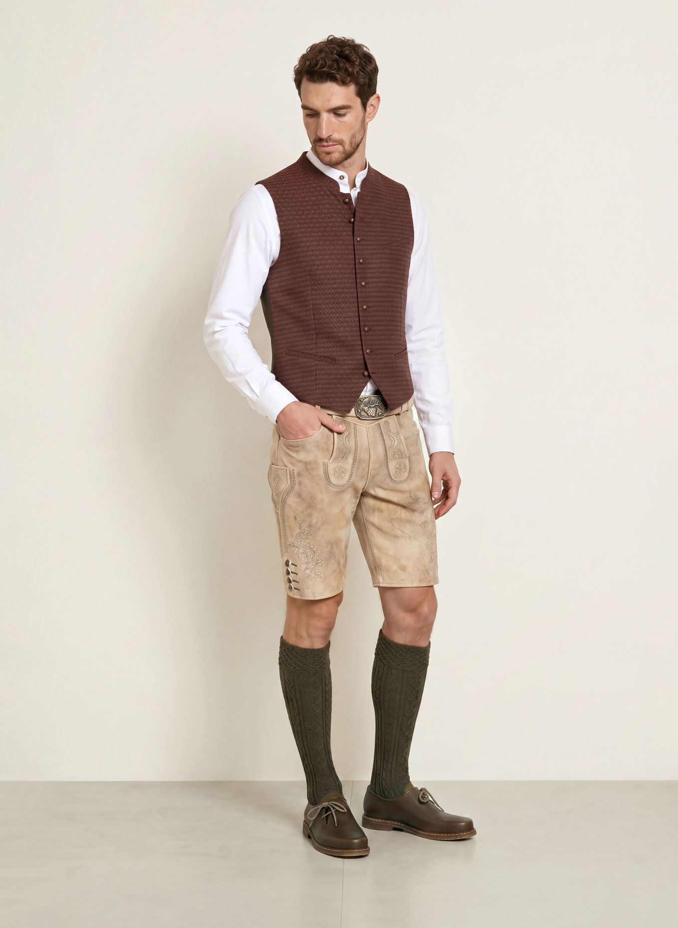 Spieth & Wensky Traditionele lederhose KÖNIGSHAUSEN: BEIGE / TAUPE / DONKERGROEN