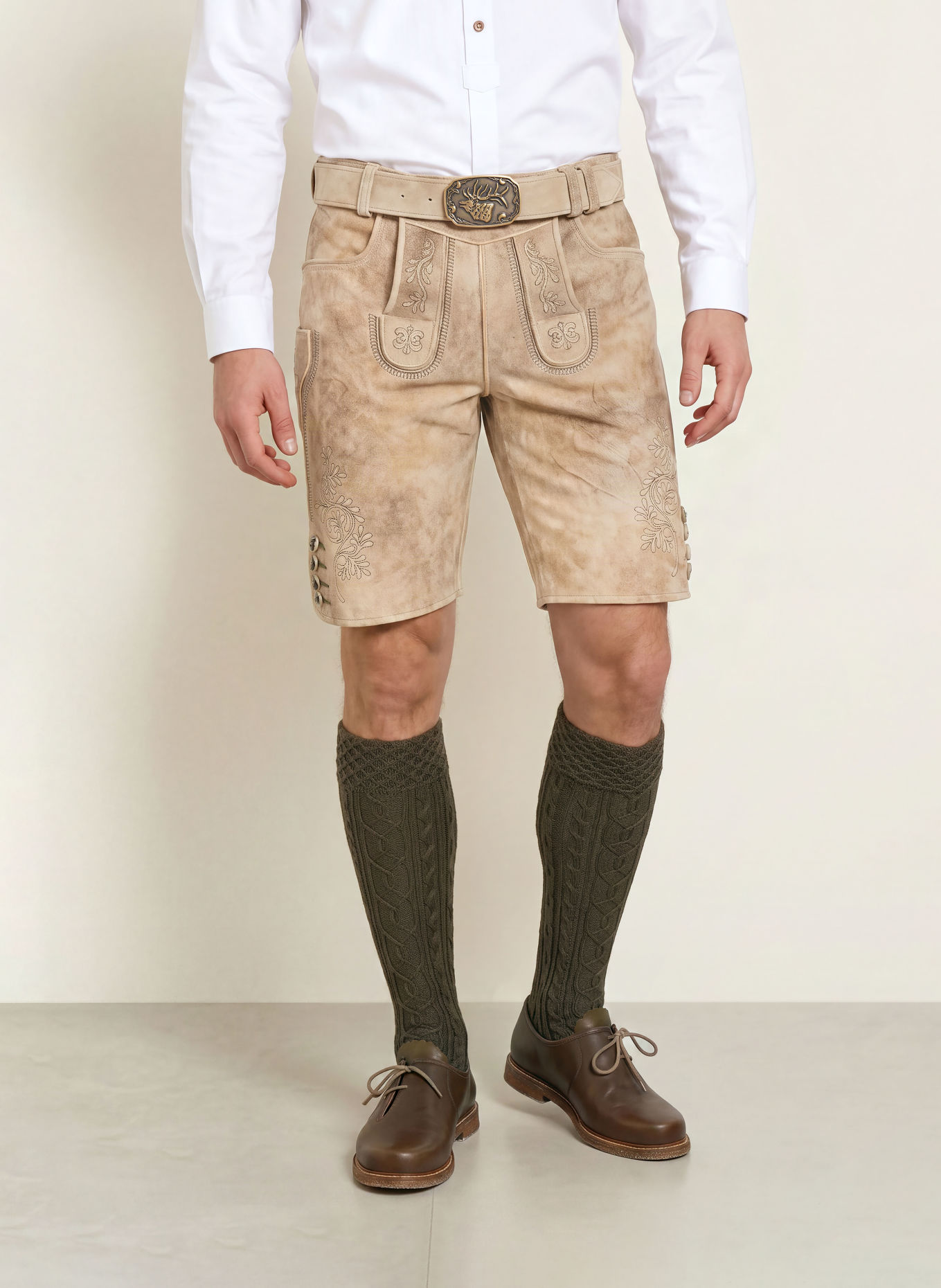 Spieth & Wensky Traditionele lederhose KÖNIGSHAUSEN: BEIGE / TAUPE / DONKERGROEN