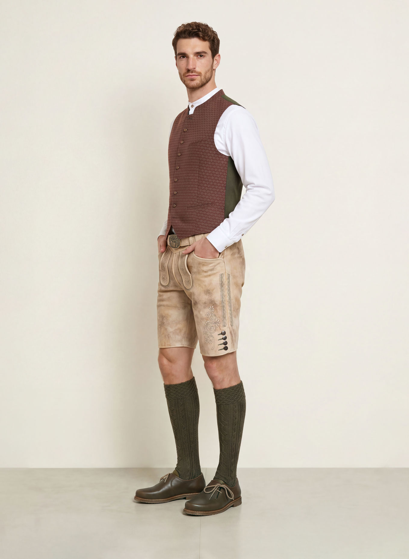 Spieth & Wensky Traditionele lederhose KÖNIGSHAUSEN: BEIGE / TAUPE / DONKERGROEN