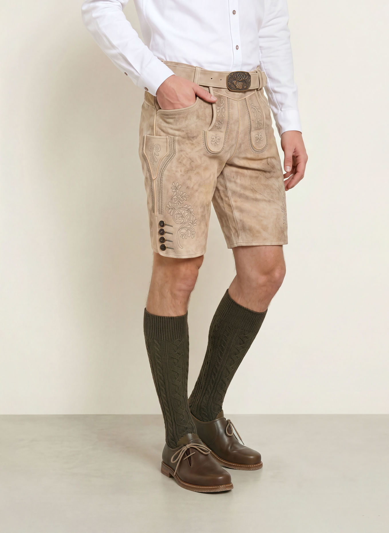 Spieth & Wensky Traditionele lederhose KÖNIGSHAUSEN: BEIGE / TAUPE / DONKERGROEN