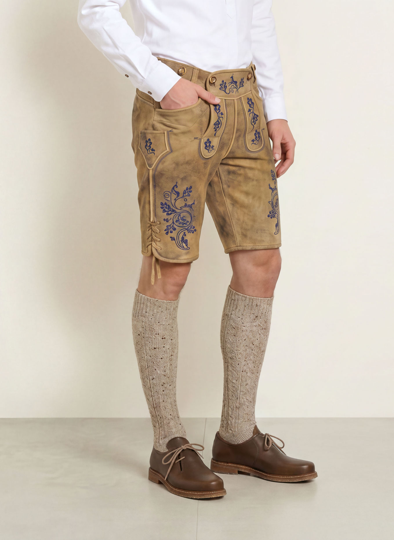BECKERT MARKTSCHELLENBERG Traditional leather trousers: BEIGE / DARK BLUE