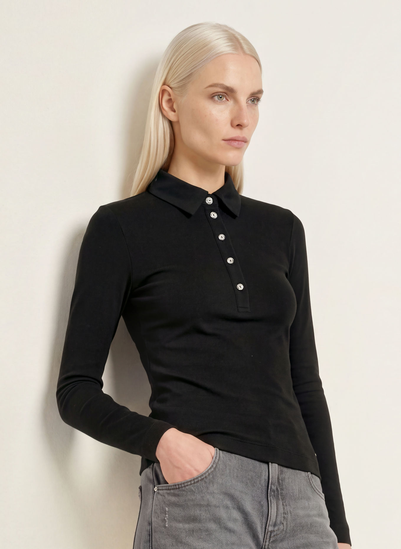 efixelle Jersey polo shirt with rhinestones: BLACK
