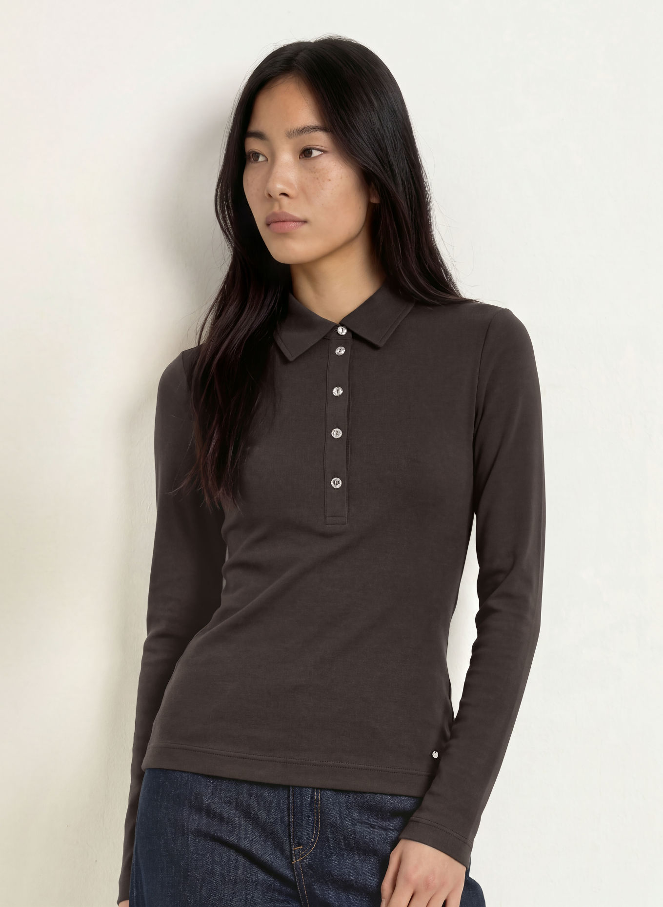 efixelle Jersey-Poloshirt mit Schmucksteinen: BRAUN