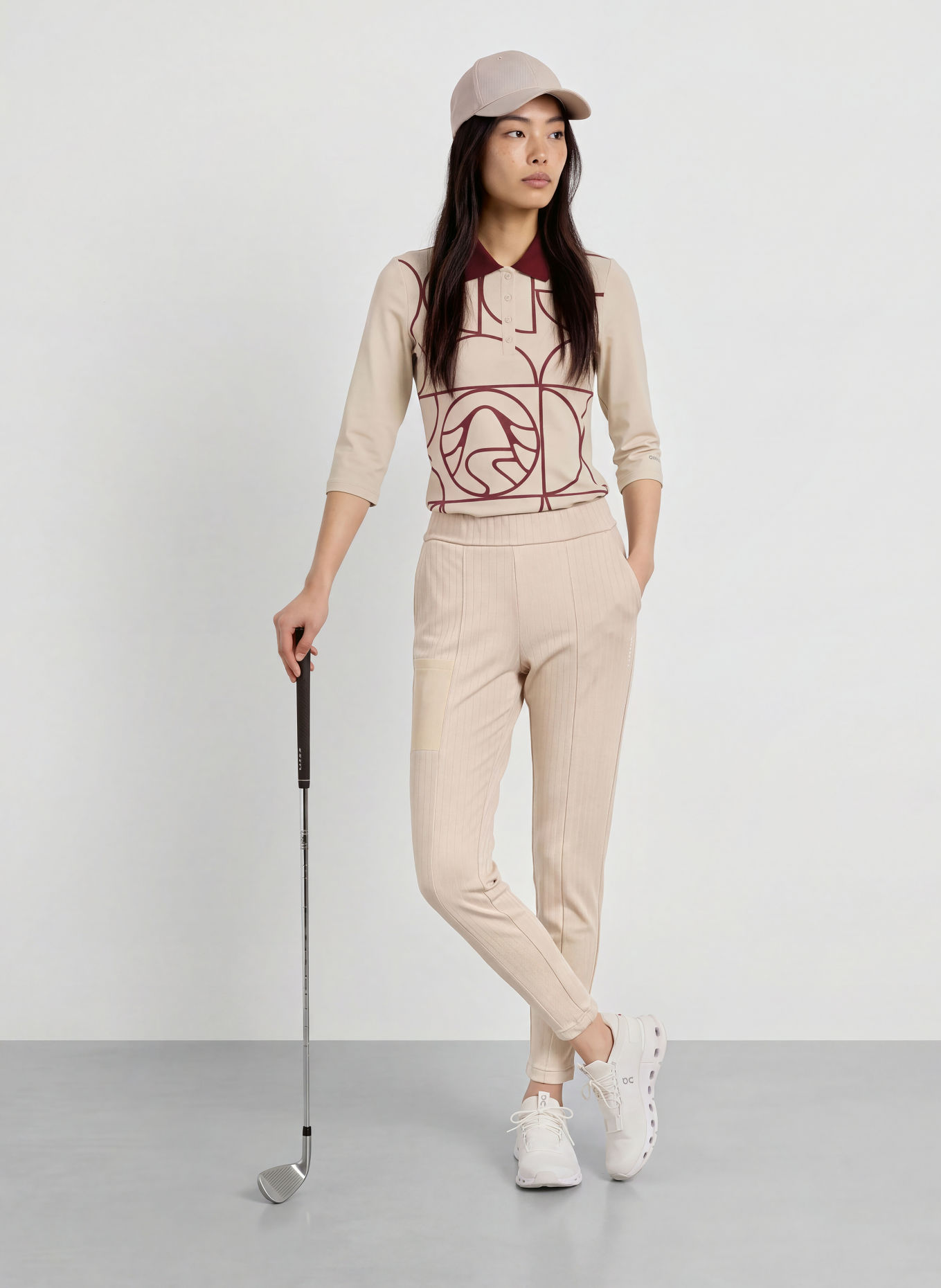 SPORTALM Functioneel poloshirt met 3/4-mouwen: BEIGE / DONKERROOD