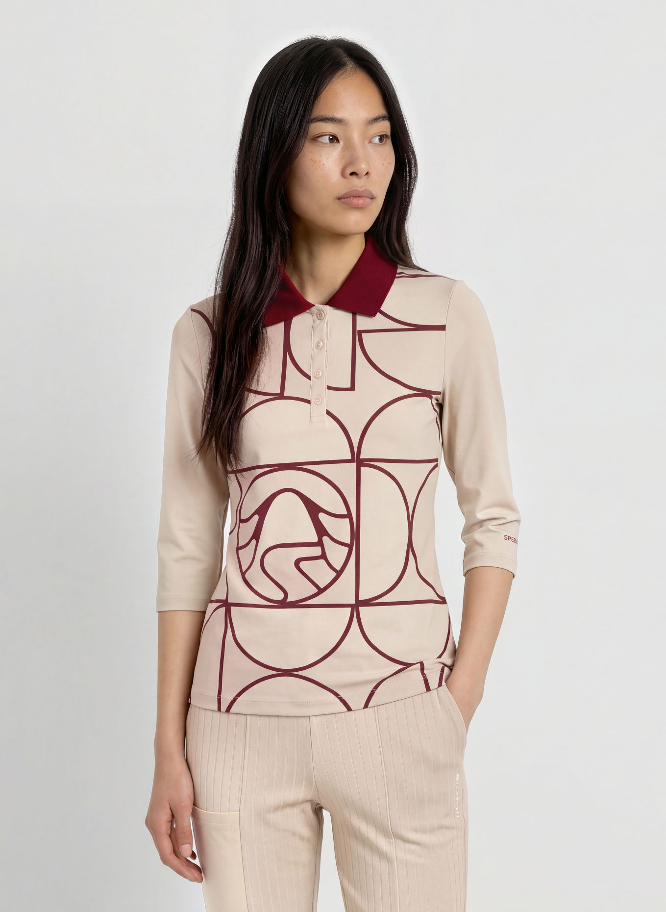 SPORTALM Functioneel poloshirt met 3/4-mouwen: BEIGE / DONKERROOD