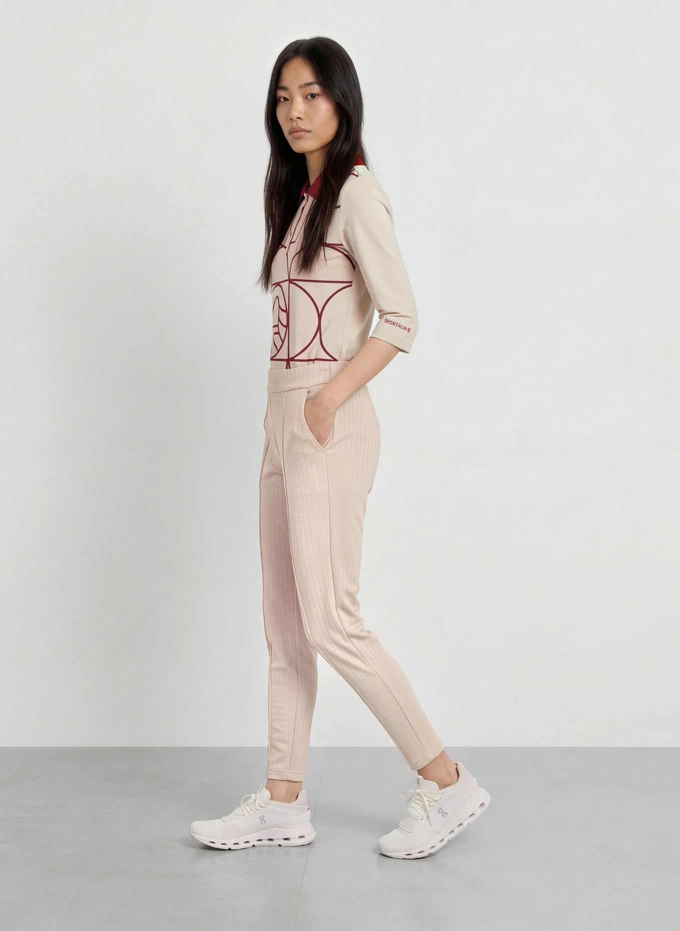 SPORTALM Functioneel poloshirt met 3/4-mouwen: BEIGE / DONKERROOD