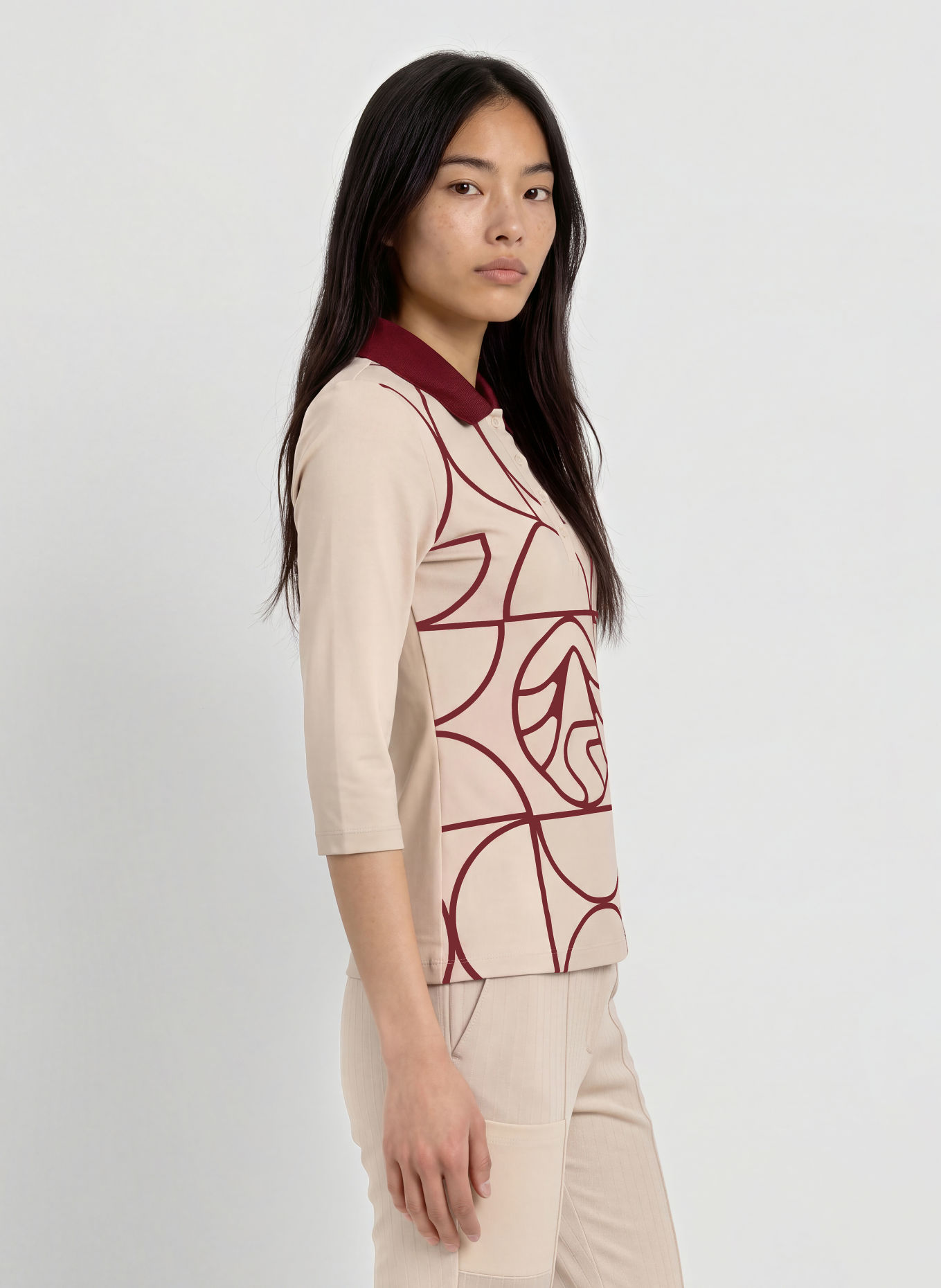 SPORTALM Functioneel poloshirt met 3/4-mouwen: BEIGE / DONKERROOD