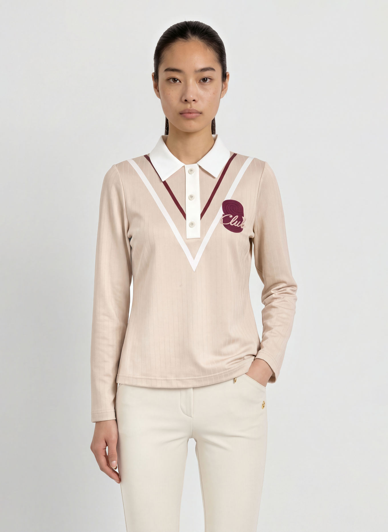 SPORTALM Poloshirt GRACELYN: BEIGE / DONKERROOD / WIT