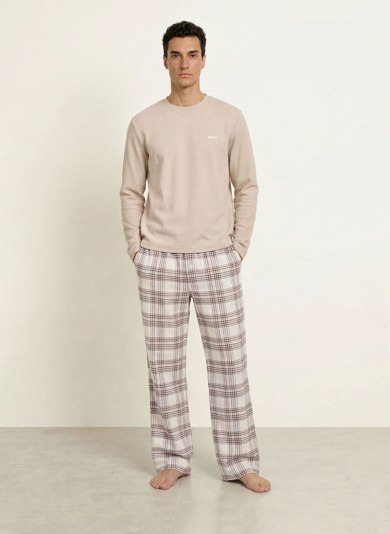 BOSS Spací kalhoty HOLIDAY z flanelu: KRÉMOVÁ / SVĚTLE HNĚDÁ / ČERNÁ