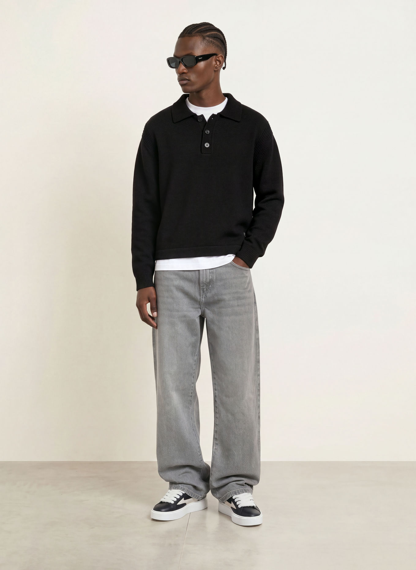 RETERNITY Gebreid poloshirt LE RELIEF: ZWART