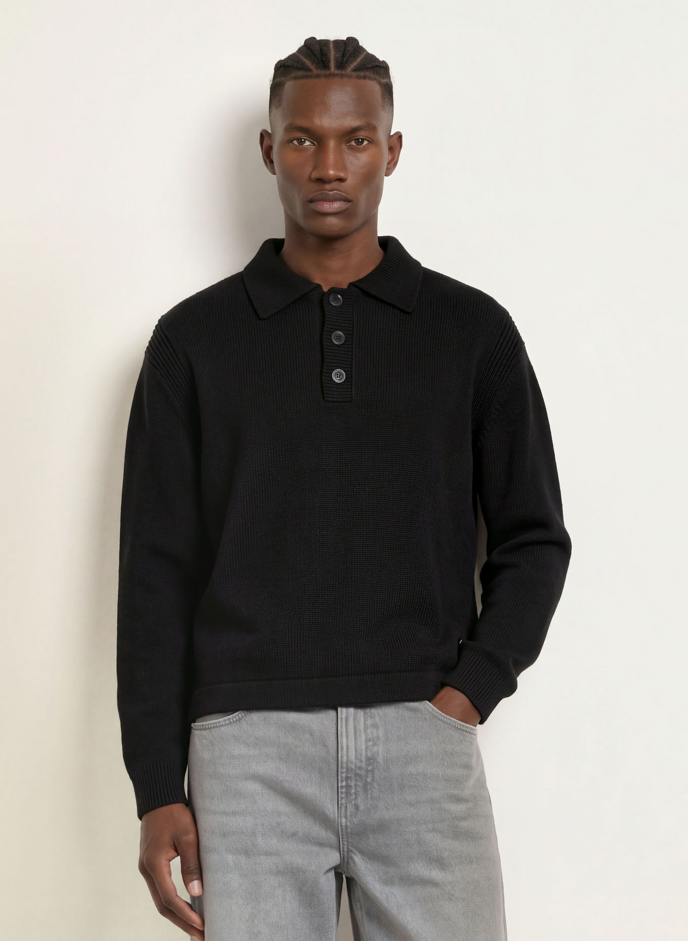 RETERNITY Gebreid poloshirt LE RELIEF: ZWART