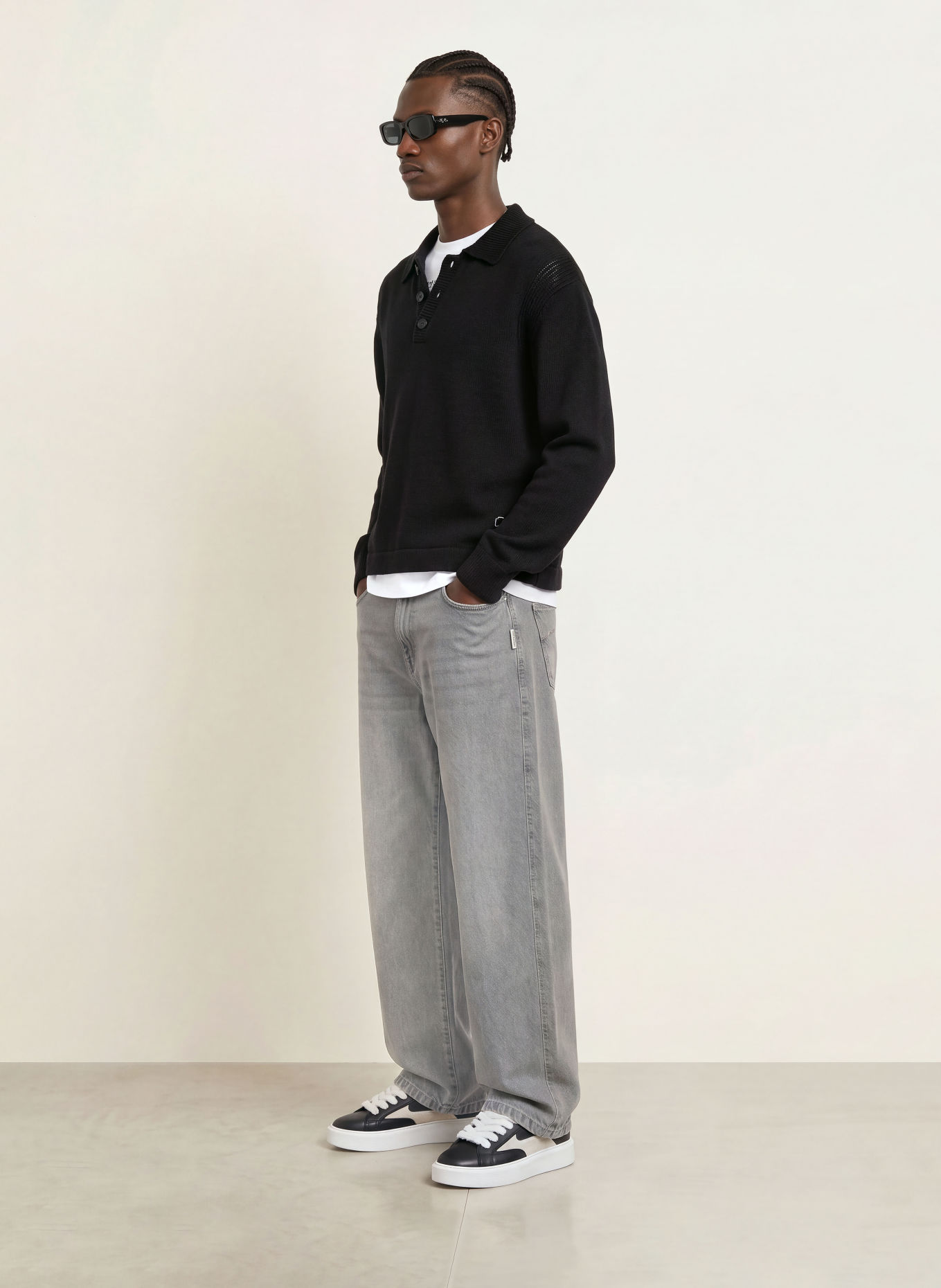 RETERNITY Gebreid poloshirt LE RELIEF: ZWART