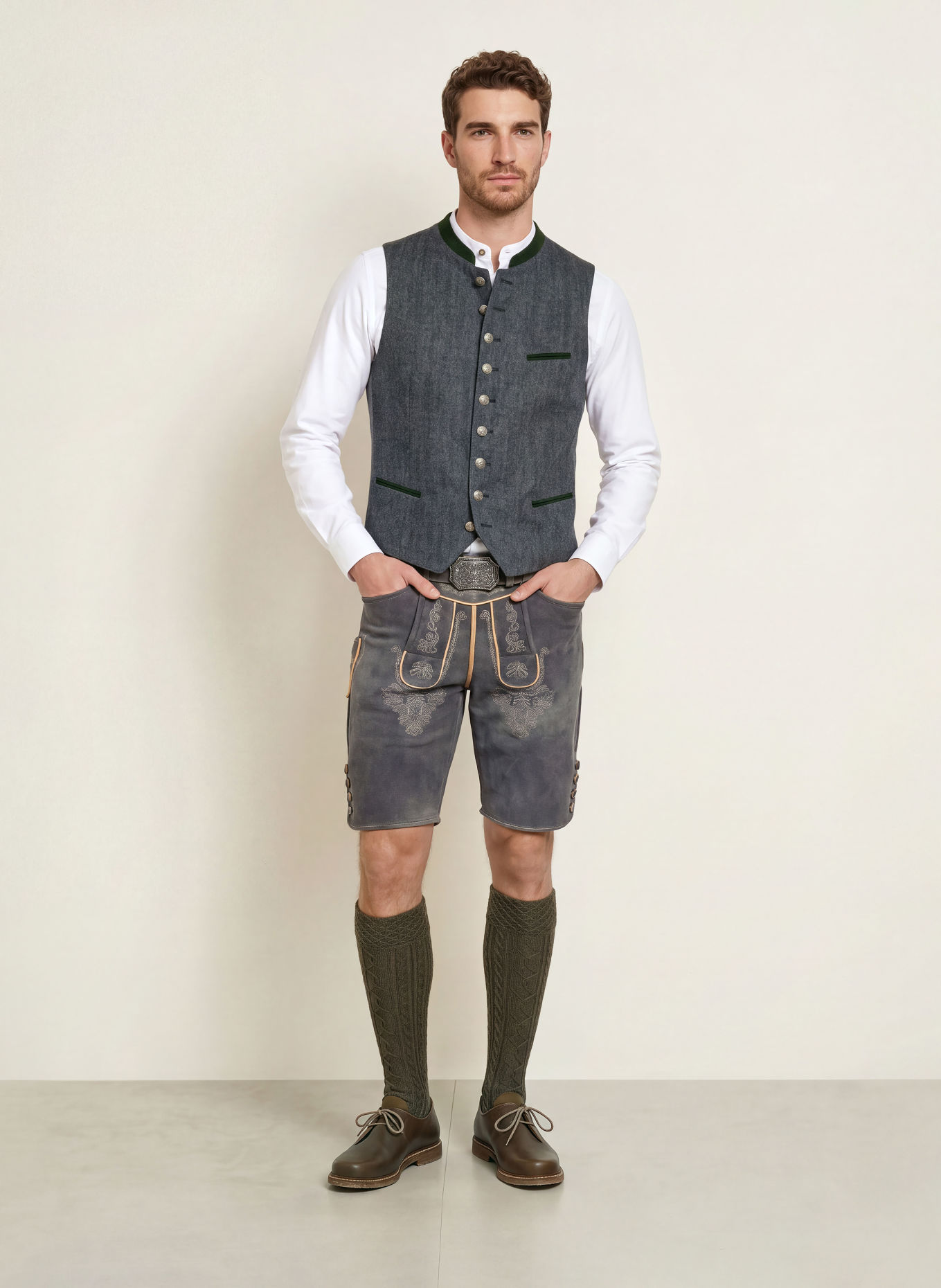 Grasegger Traditioneel gilet KREUZER in gemengde stoffen: BLAUW / GRIJS
