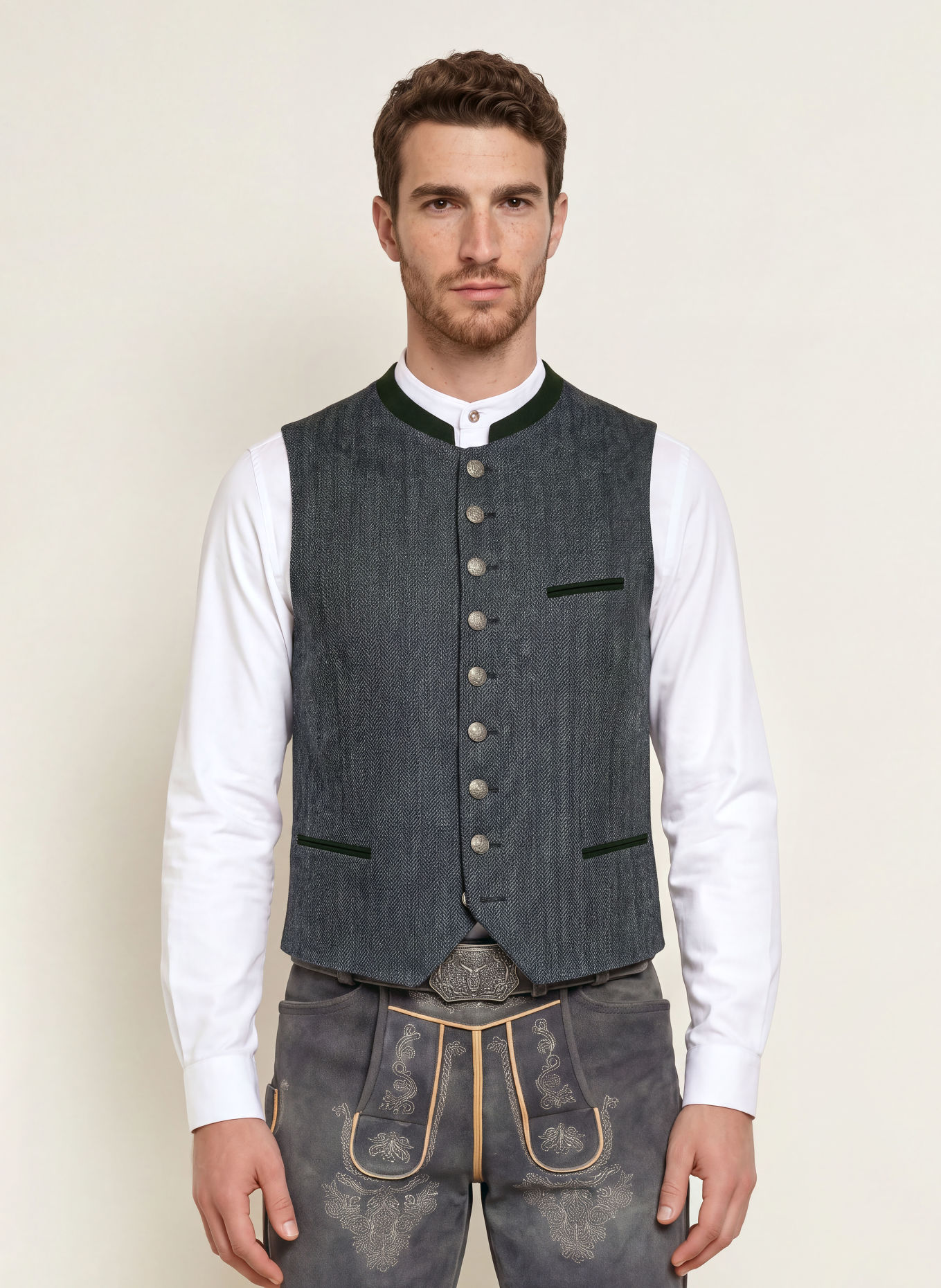 Grasegger Traditioneel gilet KREUZER in gemengde stoffen: BLAUW / GRIJS