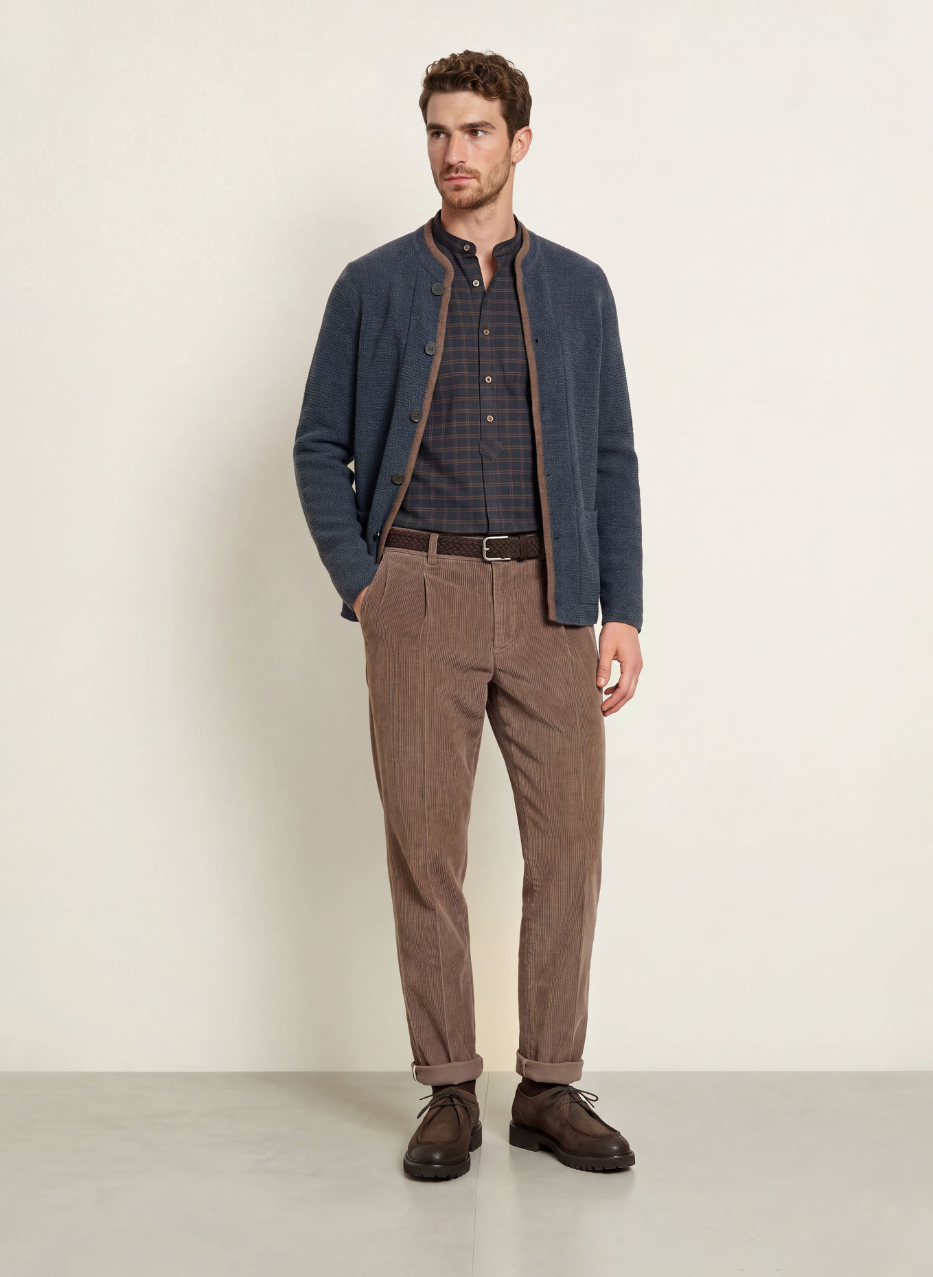 Grasegger Traditioneel overhemd KRAILING SK Slim Fit met opstaande kraag: DONKERBLAUW / MARRON FONCÉ