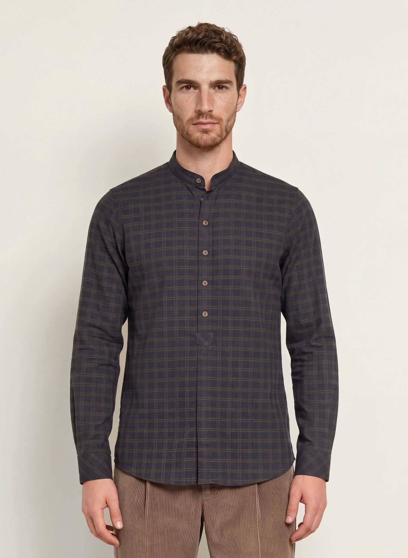 Grasegger Traditioneel overhemd KRAILING SK Slim Fit met opstaande kraag: DONKERBLAUW / MARRON FONCÉ