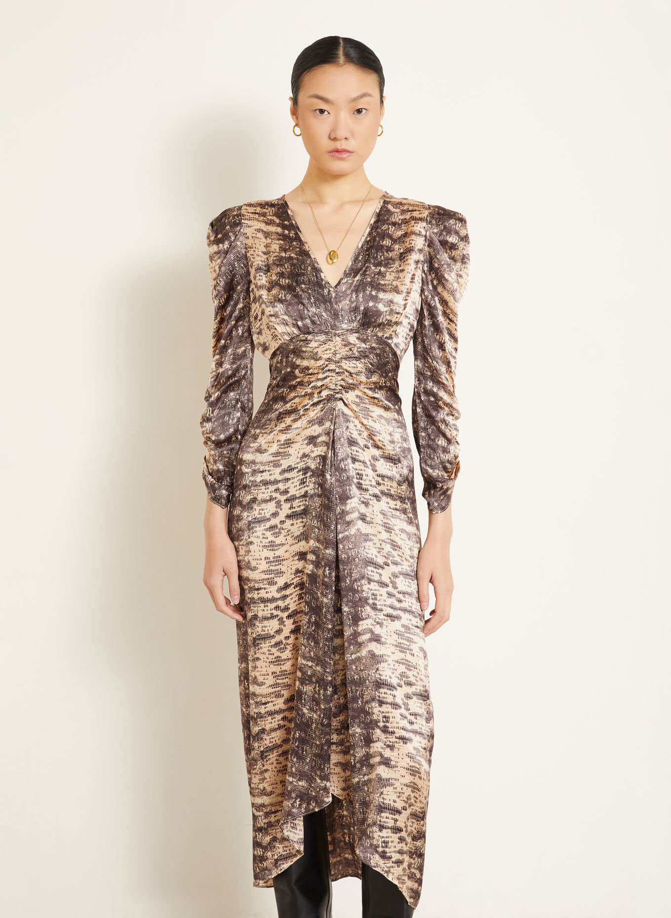 ISABEL MARANT Robe en satin ALBINI en soie à manches 3/4: BEIGE / TAUPE