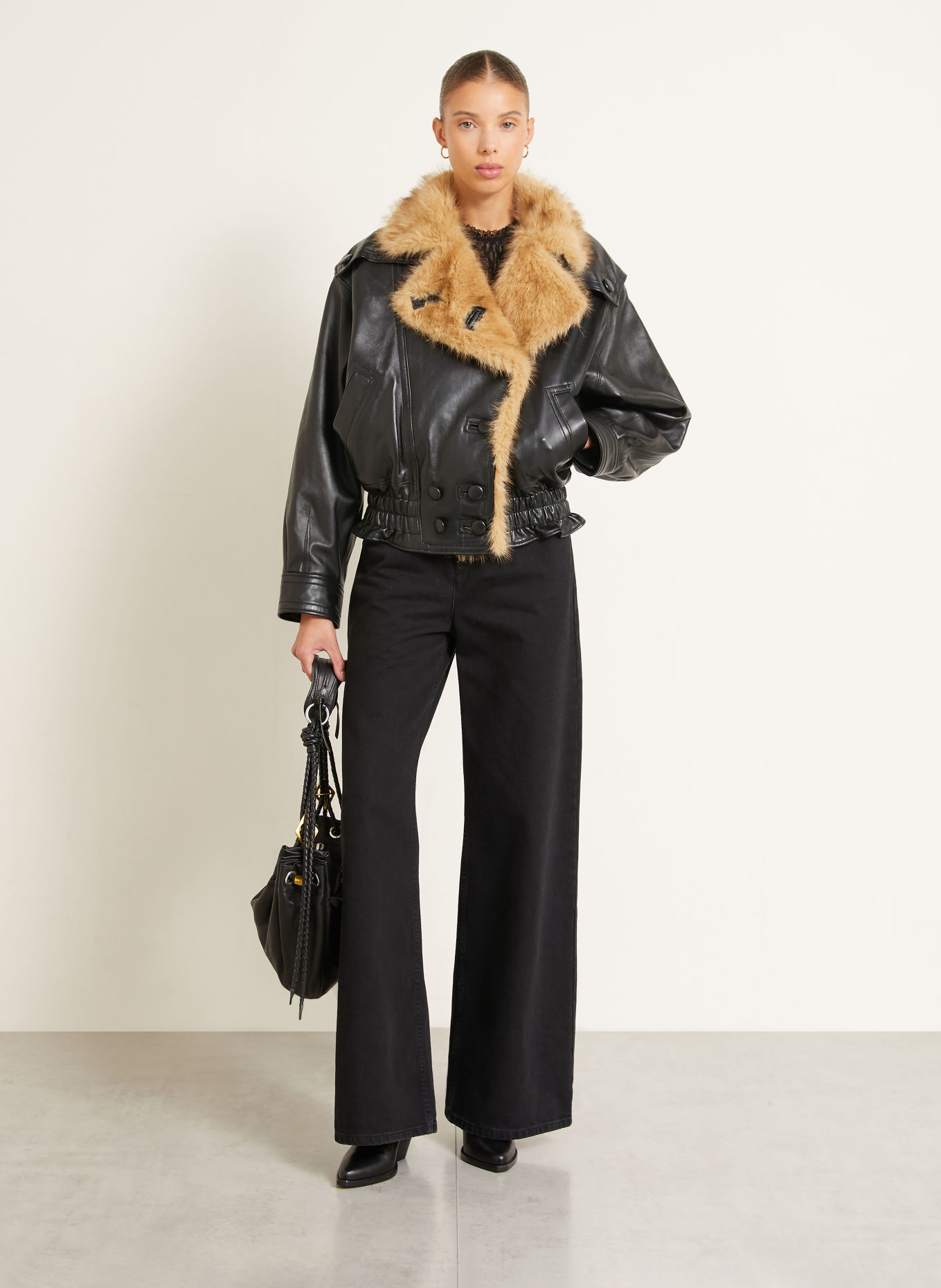 ISABEL MARANT Lederjacke VALINA mit Kunstfell: SCHWARZ / BEIGE