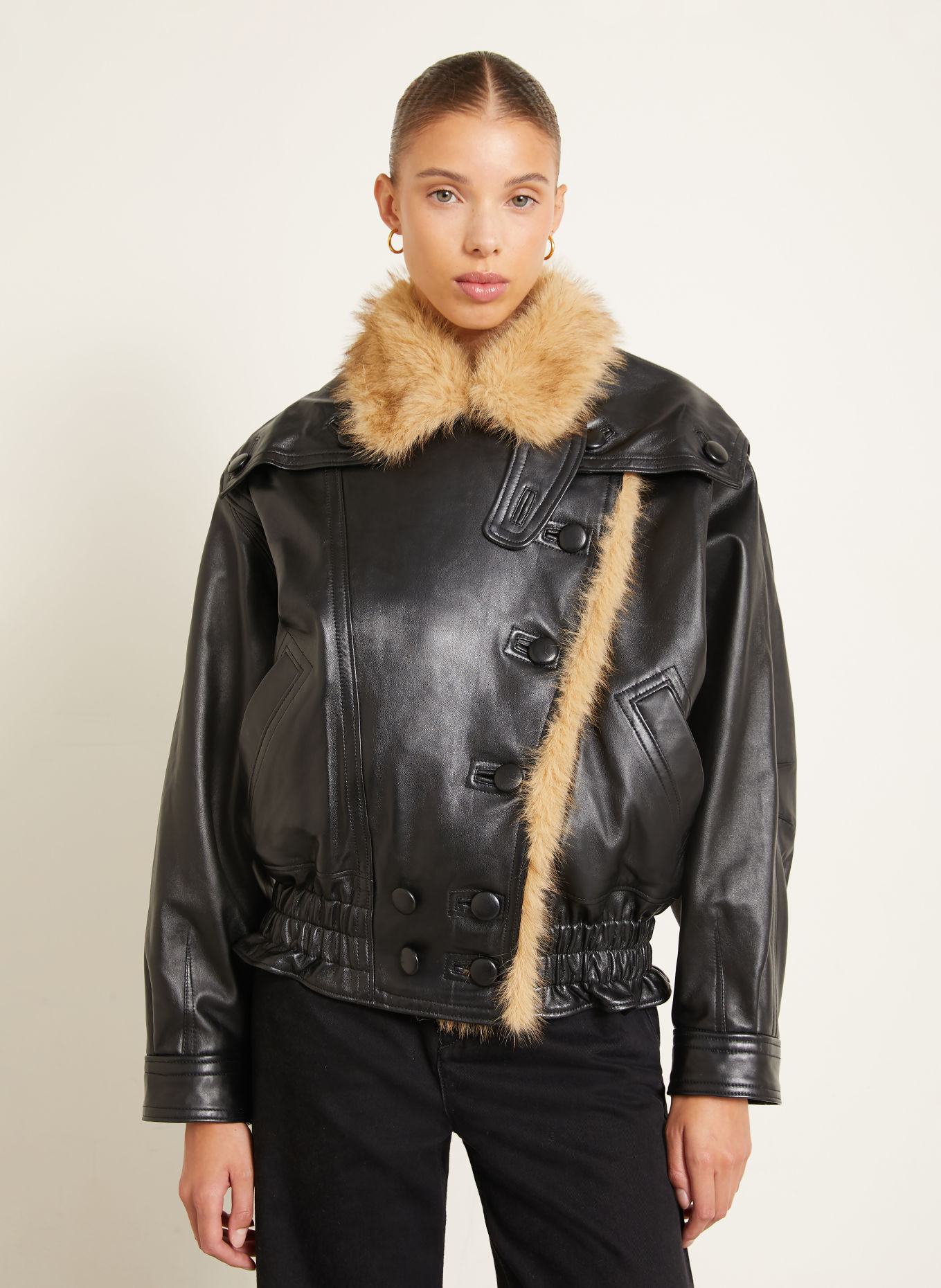 ISABEL MARANT Lederjacke VALINA mit Kunstfell: SCHWARZ / BEIGE