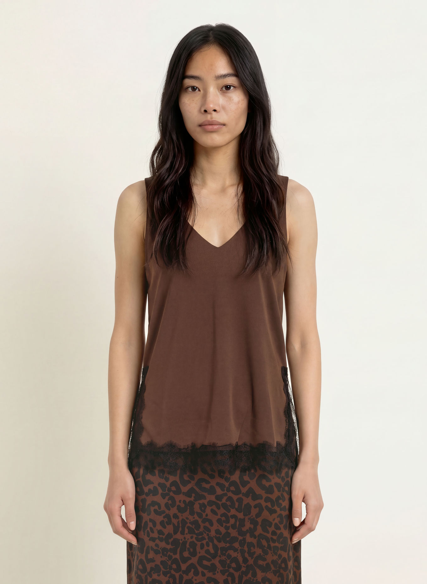 Miss Lagotte Blousetop met kant: MARRON FONCÉ