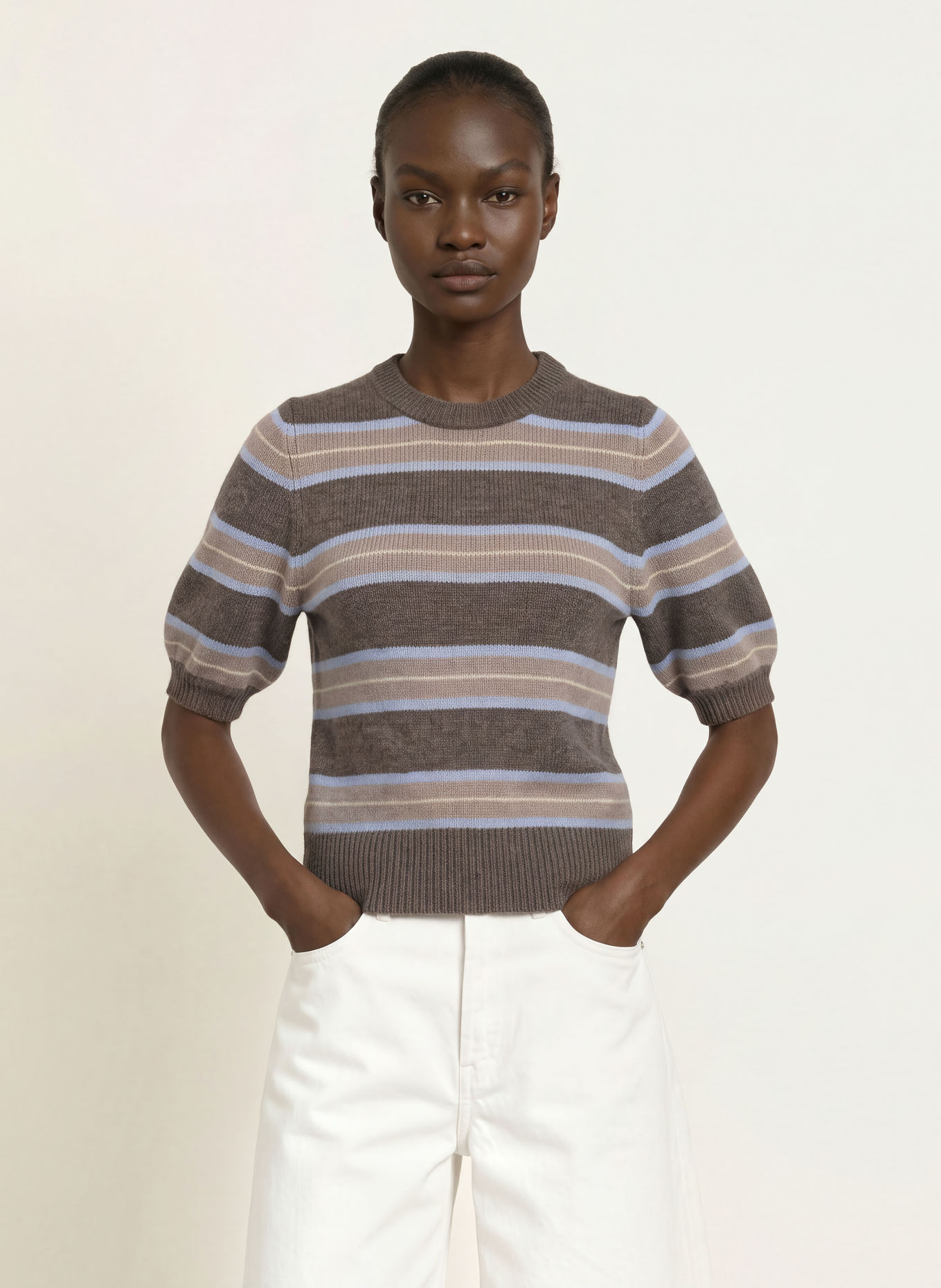 LADNERI Gebreid shirt POUPETTE met kasjmier: TAUPE / BEIGE / LICHTBLAUW