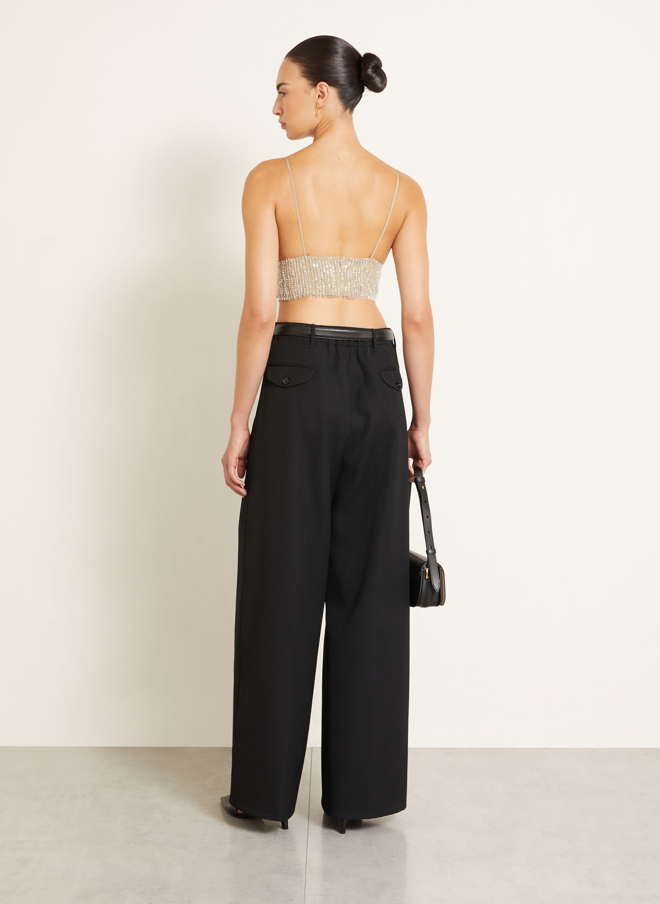 AMI PARIS Mesh-Top met pailletten en sierstenen: BEIGE / WITGOUD